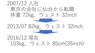 2007/12 ⼊社
東京の会社に仙台から転職
体重 72kg、ウェスト 32inch
2013/07 82kg、ウェスト 32inch
2016/12 現在
103kg、ウェスト 85cm(35inch)
 