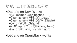 なぜ、上下に変動したのか
•Depend on Dev. Works
•Bekkoame/3web hosting
•Onamae.com VPS (Virtuozzo)
•Onamae.com VPS (KVM, Diablo)
•ConoHa(1st) (Grizzly)
•GMO Apps Cloud(Havana, Juno)
•ConoHa(Juno)、Z.com cloud
•Depend on OpenStack works
 