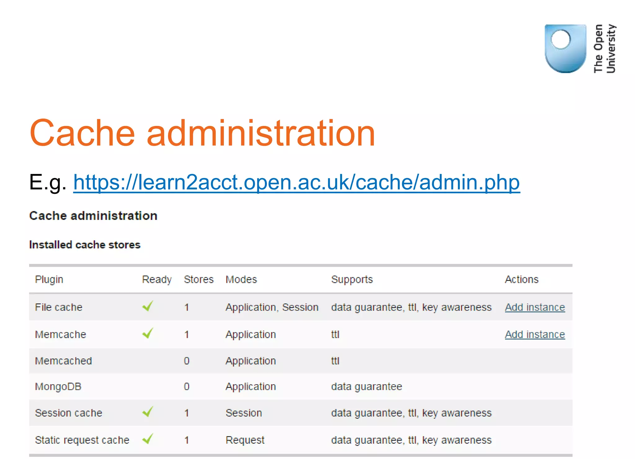 Cache administration
E.g. https://learn2acct.open.ac.uk/cache/admin.php
 