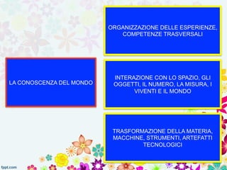 LA CONOSCENZA DEL MONDO 
ORGANIZZAZIONE DELLE ESPERIENZE, 
COMPETENZE TRASVERSALI 
INTERAZIONE CON LO SPAZIO, GLI 
OGGETTI, IL NUMERO, LA MISURA, I 
VIVENTI E IL MONDO 
TRASFORMAZIONE DELLA MATERIA, 
MACCHINE, STRUMENTI, ARTEFATTI 
TECNOLOGICI 
 