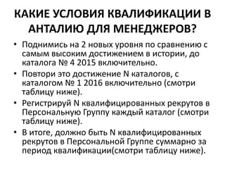 КАКИЕ УСЛОВИЯ КВАЛИФИКАЦИИ В
АНТАЛИЮ ДЛЯ МЕНЕДЖЕРОВ?
• Поднимись на 2 новых уровня по сравнению с
самым высоким достижением в истории, до
каталога № 4 2015 включительно.
• Повтори это достижение N каталогов, c
каталогом № 1 2016 включительно (смотри
таблицу ниже).
• Регистрируй N квалифицированных рекрутов в
Персональную Группу каждый каталог (смотри
таблицу ниже).
• В итоге, должно быть N квалифицированных
рекрутов в Персональной Группе суммарно за
период квалификации(смотри таблицу ниже).
 