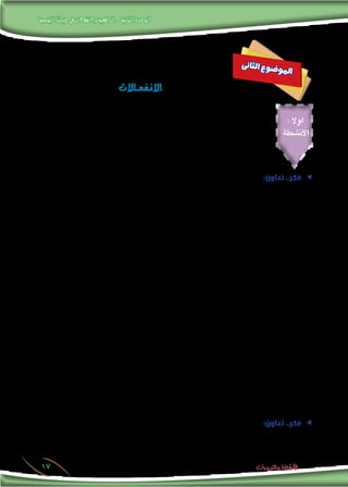 ‫اليومية‬‫حياتنا‬‫فى‬‫واالنفعاالت‬‫الدافعية‬-‫الثانية‬‫الوحدة‬
17 ‫والتدريبات‬ ‫األنشطة‬
‫ى‬‫ن‬‫ثا‬‫ل‬‫ا‬ ‫ع‬‫و‬‫ض‬�‫و‬‫مل‬‫ا‬
‫ـاالت‬‫ـ‬‫ـ‬‫ـ‬‫ـ‬‫ع‬‫ـ‬‫ـ‬‫ف‬‫ـ‬‫ن‬‫اال‬
:‫تعاون‬ ..‫فكر‬ ee
.‫املعلومات‬ ‫وشبكة‬ ،‫مدرستك‬ ‫مبكتبة‬ ‫ذلك‬ ‫في‬ ‫ًا‬‫ن‬‫مستعي‬ ‫لالنفعاالت‬ ‫تعريفات‬ ‫جمع‬ ‫في‬ ‫زمالئك‬ ‫مع‬ ‫تعاون‬
:‫أول‬ ‫تعريف‬
.................................................................................................................................
.................................................................................................................................
:‫ثان‬ ‫تعريف‬
.................................................................................................................................
.................................................................................................................................
............................................................................................. :‫أخرى‬
‫؟‬ ‫املدرسي‬ ‫بالكتاب‬ ‫االنفعال‬ ‫وتعريف‬ ‫التعريفات‬ ‫هذا‬ ‫بني‬ ‫املشتركة‬ ‫النقاط‬ ‫ما‬
.................................................................................................................................
.................................................................................................................................
‫؟‬ ‫املدرسي‬ ‫بالكتاب‬ ‫االنفعال‬ ‫وتعريف‬ ‫التعريف‬ ‫هذا‬ ‫بني‬ ‫االختالف‬ ‫أوجه‬ ‫ما‬
.................................................................................................................................
.................................................................................................................................
.‫إبداعك‬ ‫آخرمن‬ ‫ا‬ً‫ف‬‫وتعري‬ ،‫االتفاق‬ ‫أوجه‬ ‫يتضمن‬ ‫ا‬ً‫ف‬‫تعري‬ ‫اقترح‬
.................................................................................................................................
.................................................................................................................................
ee:‫تعاون‬ ..‫فكر‬
:‫التالي‬ ‫اجلدول‬ ‫أكمل‬
: ‫اوال‬
‫األنشطة‬
 