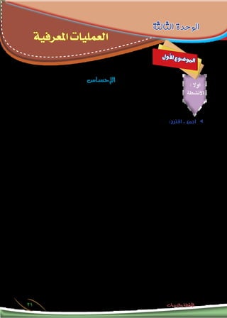 ‫اليومية‬‫حياتنا‬‫فى‬‫واالنفعاالت‬‫الدافعية‬-‫الثانية‬‫الوحدة‬
21 ‫والتدريبات‬ ‫األنشطة‬
: ‫اوال‬
‫األنشطة‬
‫الثالثة‬ ‫الوحدة‬
‫املعرفية‬ ‫العمليات‬
‫ل‬‫و‬‫أ‬‫ل‬‫ا‬ ‫ع‬‫و‬‫ض‬�‫و‬‫مل‬‫ا‬
‫ـا�س‬‫ـ‬‫س‬�‫إح‬‫ل‬‫ا‬
ee:‫اقترح‬ .. ‫اجمع‬
‫بالكتب‬ ‫ذلك‬ ‫في‬ ‫ًا‬‫ن‬‫مستعي‬ ‫التعربفات‬ ‫من‬ ‫ممكن‬ ‫عدد‬ ‫أكبر‬ ‫اجمع‬ ،‫عديدة‬ ‫تعريفات‬ ‫له‬ ‫معرفية‬ ‫كعملية‬ ‫اإلحساس‬
.‫املعلومات‬ ‫وشبكة‬ ،‫مدرستك‬ ‫مبكتبة‬ ‫املوجودة‬
:‫األول‬ ‫التعريف‬ ✹✹
.................................................................................................................................
.................................................................................................................................
:‫الثاني‬ ‫التعريف‬ ✹✹
.................................................................................................................................
.................................................................................................................................
:‫الثالث‬ ‫التعريف‬ ✹✹
.................................................................................................................................
.................................................................................................................................
‫؟‬ ‫التعريفات‬ ‫هذه‬ ‫بني‬ ‫االتفاق‬ ‫نقاط‬ ‫ما‬ ✹✹
.................................................................................................................................
.................................................................................................................................
‫؟‬ ‫الطالب‬ ‫بكتاب‬ ‫املوجود‬ ‫والتعريف‬ ‫التعريفات‬ ‫هذه‬ ‫بني‬ ‫االتفاق‬ ‫نقاط‬ ‫ما‬ ✹✹
.................................................................................................................................
.................................................................................................................................
.‫السابقة‬ ‫التعريفات‬ ‫ضوء‬ ‫في‬ ‫لإلحساس‬ ‫ا‬ً‫ف‬‫تعري‬ ‫اقترح‬ ✹✹
.................................................................................................................................
.................................................................................................................................
 