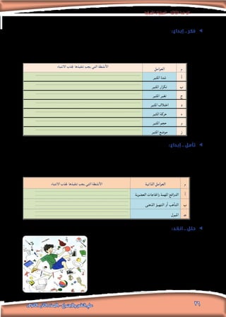 ‫املعرفية‬‫العمليات‬-‫الثالثة‬‫الوحدة‬
26‫الثانوى‬ ‫الثانى‬ ‫الصف‬ - ‫واالجتماع‬ ‫النفس‬ ‫علم‬
:‫إبداع‬ .. ‫فكر‬ ee
‫انتباه‬ ‫لتجذب‬ ‫فاعل‬ ‫أنت‬ ‫فماذا‬ .”‫اإلنسان‬ ‫حياة‬ ‫في‬ ‫واالنفعاالت‬ ‫“الدوافع‬ :‫بعنوان‬ ‫محاضرة‬ ‫بإلقاء‬ ‫كلفت‬ ‫أنك‬ ‫هب‬
‫تساعد‬ ‫التى‬ ‫اخلارجية‬ / ‫املوضوعية‬ ‫العوامل‬ ‫حتقق‬ ‫بحيث‬ ‫بها‬ ‫القيام‬ ‫ميكنك‬ ‫التي‬ ‫األنشطة‬ ‫حدد‬ ‫إليك؟‬ ‫احلاضرين‬
:‫التالي‬ ‫اجلدول‬ ‫خالل‬ ‫من‬ ‫وذلك‬ ،‫إليك‬ ‫االنتباه‬ ‫توجيه‬ ‫على‬
‫االنتباه‬ ‫جلذب‬ ‫تنفيذها‬ ‫يجب‬ ‫التي‬ ‫األنشطة‬
‫العوامل‬ ‫م‬
...........................................................................................
‫املثير‬ ‫شدة‬ ‫أ‬
...........................................................................................
‫املثير‬ ‫تكرار‬ ‫ب‬
...........................................................................................
‫املثير‬ ‫تغير‬ ‫ج‬
...........................................................................................
‫املثير‬ ‫اختالف‬ ‫د‬
...........................................................................................
‫املثير‬ ‫حركة‬ ‫ه‬
...........................................................................................
‫املثير‬ ‫حجم‬ ‫و‬
...........................................................................................
‫املثير‬ ‫موضع‬ ‫ز‬
ee:‫إبداع‬ .. ‫تأمل‬
‫أكبر‬ ‫شركتك‬ ‫نتنتجها‬ ‫التي‬ ‫اإلعالنات‬ ‫حتقق‬ ‫لكي‬ ‫تفعل‬ ‫فماذا‬ ،‫لإلعالنات‬ ‫بشركة‬ ‫ا‬ً‫ر‬‫كبي‬ ‫مسئوال‬ ‫كنت‬ ‫أنك‬ ‫هب‬
‫وعرضها‬ ‫اإلعالنات‬ ‫تصميم‬ ‫عند‬ ‫الذاتية‬ ‫الداخلية‬ ‫العوامل‬ ‫مراعاة‬ ‫بكيفية‬ ‫االسترشاد‬ ‫ميكن‬ ‫؟‬ ‫اجلمهور‬ ‫من‬ ‫مشاهدة‬
:‫اآلتي‬ ‫اجلدول‬ ‫خالل‬ ‫من‬ ‫وذلك‬ ،‫املستفيدين‬ ‫على‬
‫االنتباه‬ ‫جلذب‬ ‫تنفيذها‬ ‫يجب‬ ‫التي‬ ‫األنشطة‬ ‫الذاتية‬ ‫العوامل‬ ‫م‬
...........................................................................................
........................................................................................... ‫العضوية‬ ‫واحلاجات‬ ‫املهمة‬ ‫الدوافع‬ ‫أ‬
...........................................................................................
........................................................................................... ‫الذهنى‬ ‫التهيؤ‬ ‫أو‬ ‫التأهب‬ ‫ب‬
...........................................................................................
........................................................................................... ‫امليول‬ ‫جـ‬
ee:‫انقد‬ .. ‫حلل‬
‫مبوضوع‬ ‫الصورة‬ ‫هذه‬ ‫جوهر‬ ‫يرتبط‬ ‫مدى‬ ‫أى‬ ‫إلى‬ .. ‫نظرك‬ ‫وجهة‬ ‫من‬
.‫مبرراتك‬ ‫اذكر‬ .. ‫؟‬ ‫االنتباه‬
.................................................................................
.................................................................
.‫الصورة‬ ‫لهذه‬ ‫العناوين‬ ‫من‬ ‫ممكن‬ ‫عدد‬ ‫أكبر‬ ‫اكتب‬
.................................................................................
...............................................................
 