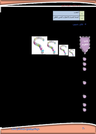 ‫املعرفية‬‫العمليات‬-‫الثالثة‬‫الوحدة‬
30‫الثانوى‬ ‫الثانى‬ ‫الصف‬ - ‫واالجتماع‬ ‫النفس‬ ‫علم‬
.......................................................................................................................................................................
..........................................................................
‫التعصب‬
4
.......................................................................................................................................................................
..........................................................................
‫والعقلى‬ ‫النفسى‬ ‫واالضطراب‬ ‫النفسية‬ ‫الصحة‬
5
:‫صمم‬ .. ‫فكر‬ ee
.‫اإلدراك‬ ‫موضوع‬ ‫محتوى‬ ‫جتسد‬ ‫ذهنية‬ ‫خريطة‬ ‫تصميم‬ ‫في‬ ‫زمالئك‬ ‫مع‬ ‫تعاون‬
: ‫ثانيا‬
‫التقومي‬
.‫مبثال‬ ‫ذلك‬ ‫في‬ ‫ًا‬‫ن‬‫مستعي‬ ‫اإلدراك‬ ‫عرف‬ 1
	.‫مبثال‬ ‫ذلك‬ ‫في‬ ‫ًا‬‫ن‬‫مستعي‬ ‫اإلدراكي‬ ‫الغموض‬ ‫عرف‬ 2
:‫التعليل‬ ‫مع‬ ‫خطأ‬ ‫وأيها‬ ‫صحيح‬ ‫التالية‬ ‫العبارات‬ ‫من‬ ‫أي‬ 3
)............( .‫اإلحساس‬ ‫عملية‬ ‫على‬ ‫يتوقفان‬ ‫واإلدراك‬ ‫االنتباه‬ ‫من‬ ‫كل‬ ‫حدوث‬ .‫أ‬
)............( .‫بعضها‬ ‫عن‬ ‫ومنفصلة‬ ‫مستقلة‬ ‫عمليات‬ ‫واإلدراك‬ ‫واالنتباه‬ ‫االحساس‬ ‫يعد‬ .‫ب‬
:‫من‬ ‫كل‬ ‫بني‬ ‫ميز‬ 4
‫وأرضية‬ ‫شكل‬ ‫إلى‬ ‫التنظيم‬ ‫قانون‬ ‫و‬ ‫الكلية‬ ‫الصيغة‬ ‫قانون‬ .‫أ‬
.‫اإلغالق‬ ‫وقانون‬ ‫السياق‬ ‫قانون‬ .‫ب‬
‫صحة‬ ‫على‬ ‫دلل‬ .‫اإلدراك‬ ‫عملية‬ ‫في‬ ‫تؤثر‬ ‫التي‬ ‫العوامل‬ ‫من‬ ‫والعقلى‬ ‫النفسى‬ ‫واالضطراب‬ ‫النفسية‬ ‫الصحة‬ ‫تعد‬ 5
.‫العبارة‬ ‫هذه‬
.‫اإلدراك‬ ‫فى‬ ‫املؤثرة‬ ‫حددالعوامل‬ 6
‫العوامل‬ ‫هذه‬ ‫من‬ ‫ثالثة‬ ‫تخير‬ .. ‫لألشياء‬ ‫إدراكنا‬ ‫كيفية‬ ‫على‬ ‫كبير‬ ‫تأثير‬ ‫لها‬ ،‫ذاتية‬ ‫شخصية‬ ‫نفسية‬ ‫عوامل‬ ‫توجد‬ 7
.‫بالتفصيل‬ ‫واشرحها‬
 