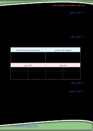 ‫االجتماعى‬‫للبناء‬‫املكونة‬‫والوحدات‬‫املجتمع‬-‫الثانية‬‫الوحدة‬
56‫الثانوى‬ ‫الثانى‬ ‫الصف‬ - ‫واالجتماع‬ ‫النفس‬ ‫علم‬
ee:‫اجمع‬ .. ‫ابحث‬
.‫املعلومات‬ ‫بشبكة‬ ‫ذلك‬ ‫في‬ ‫ًا‬‫ن‬‫مستعي‬ ‫االجتماعى‬ ‫التغير‬ ‫عوامل‬ ‫جتسد‬ ‫التى‬ ‫الصور‬ ‫من‬ ‫عدد‬ ‫أكبر‬ ‫أجمع‬
.........................................................................................................................................................................
.........................................................................................................................................................................
.........................................................................................................................................................................
.........................................................................................................................................................................
.........................................................................................................................................................................
ee:‫فكر‬ .. ‫تخيل‬
،‫التغير‬ ‫بهذا‬ ‫مير‬ ‫ما‬ ‫ا‬ً‫ر‬‫ناد‬ ‫واآلخر‬ ،‫االجتماعى‬ ‫التغير‬ ‫دائم‬ ‫أحدهما‬ ‫املجتمعات‬ ‫من‬ ‫مجتمعني‬ ‫أحول‬ ‫وصف‬ ‫تخيل‬
.‫ذلك‬ ‫على‬ ‫املترتبة‬ ‫اآلثار‬ ‫ا‬ً‫محدد‬ ‫التالى‬ ‫اجلدول‬ ً‫ال‬‫مستكم‬
‫االجتماعى‬ ‫التغير‬ ‫دائم‬ ‫مجتمع‬‫ا‬ً‫ر‬‫ناد‬ ‫إال‬ ‫اجتماعى‬ ‫تغير‬ ‫به‬ ‫يحدث‬ ‫لم‬ ‫مجتمع‬
.........................................................................
.........................................................................
.........................................................................
.........................................................................
.........................................................................
.........................................................................
‫املترتبة‬ ‫اآلثار‬‫املترتبة‬ ‫اآلثار‬
‫االيجابية‬‫السلبية‬‫اإليجابية‬‫السلبية‬
.....................................
....................................
....................................
.....................................
....................................
....................................
.....................................
....................................
....................................
.....................................
....................................
....................................
ee:‫فكر‬ .. ‫تخيل‬
.‫االجتماعي‬ ‫التغير‬ ‫عوامل‬ ‫متثيل‬ ‫في‬ ‫زمالئك‬ ‫مع‬ ‫تعاون‬
ee: ‫اكتب‬ .. ‫ابحث‬
‫بالكتب‬ ‫ذلك‬ ‫في‬ ‫ًا‬‫ن‬‫مستعي‬ .. »‫الشعوب‬ ‫حياة‬ ‫في‬ ‫االجتماعي‬ ‫التغير‬ ‫«أهمية‬ :‫بعنوان‬ ‫املدرسية‬ ‫لإلذاعة‬ ‫كلمة‬ ‫اكتب‬
.‫املعلومات‬ ‫وشبكة‬ ‫مدرستك‬ ‫مبكتبة‬ ‫املوجودة‬
.........................................................................................................................................................................
.........................................................................................................................................................................
.........................................................................................................................................................................
.........................................................................................................................................................................
.........................................................................................................................................................................
 