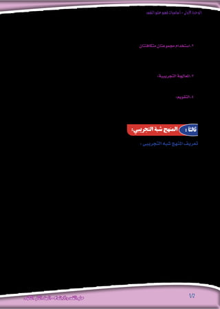 ‫النفس‬‫علم‬‫فهم‬‫أساسيات‬-‫األولى‬‫الوحدة‬
‫الثانوى‬ ‫الثانى‬‫الصف‬-‫واالجتماع‬‫النفس‬‫علم‬ 12
:‫التجريبي‬ ‫شبة‬ ‫املنهج‬ : ‫ثالثًا‬
. ‫امل�ستقل‬ ‫باملتغري‬ ‫أثره‬�‫ت‬ ‫درجة‬ ‫معرفة‬ ‫يراد‬ : )‫الدرا�سي‬ ‫التح�صيل‬ (‫التابع‬ ‫	املتغري‬.2
.‫عزله‬ ‫يراد‬ ‫و‬ ‫نتائجها‬ ‫فى‬ ‫ؤثر‬�‫ي‬ ‫وقد‬ ‫التجربة‬ ‫أثناء‬� ‫ق�صد‬ ‫دون‬ ‫يتدخل‬ ‫متغري‬ ‫أى‬� ‫وهو‬ ...‫الدخيل‬ ‫املتغري‬ .‫جـ‬
‫متكافئتان‬‫جمموعتان‬ ‫2.ا�ستخدام‬
.‫امل�ستقل‬ ‫للمتغري‬ ‫تتعر�ض‬ .... ‫جتريبية‬ ‫جمموعة‬ 	.1
.‫امل�ستقل‬ ‫للمتغري‬ ‫تتعر�ض‬ ‫ال‬ ...‫�ضابطة‬ ‫جمموعة‬ 	.2
‫يتم‬ ‫وفيها‬:‫التجريبية‬‫3.املعاجلة‬
. ‫امل�ستقل‬ ‫للمتغري‬ ‫التجريبية‬ ‫املجموعة‬ ‫تعر�ض‬
:‫4.التقومي‬
‫ومقارنتها‬ ‫التجريبية‬ ‫املجموعة‬ ‫على‬ ‫امل�ستقل‬ ‫املتغري‬ ‫إدخال‬� ‫أثر‬� ‫ملعرفة‬ ‫املجموعتني‬ ‫بني‬ ‫املقارنة‬ ‫إىل‬� ‫ويهدف‬
.‫ال�ضابطة‬ ‫باملجموعة‬
:‫التجريبى‬‫�شبه‬‫املنهج‬‫تعريف‬
. ‫املتغريات‬ ‫فى‬ ‫التحكم‬ ‫دون‬ ‫الواقع‬ ‫فى‬ ‫عليه‬ ‫هما‬ ‫ما‬ ‫على‬ ‫متغريين‬ ‫بني‬ ‫العالقة‬ ‫درا�سة‬
‫دينية‬ ‫العتبارات‬ ‫الظواهر‬ ‫بع�ض‬ ‫درا�سة‬ ‫فى‬ ‫التجريبى‬ ‫املنهج‬ ‫ا�ستخدام‬ ‫يتعذر‬ ‫عندما‬ ‫املنهج‬ ‫هذا‬ ‫ي�ستخدم‬
. ‫الكحوليات‬ ‫تعاطى‬ ‫أو‬� ‫إدمان‬‫ل‬‫ل‬ ‫التعر�ض‬ : ‫مثل‬ ‫وقانونية‬ ‫واجتماعية‬ ‫أخالقية‬�‫و‬
‫مدمنى‬ ‫من‬ ‫جمموعة‬ ‫�سلوك‬ ‫الباحث‬ ‫يقارن‬ :‫مثال‬ ‫التجريبى‬ ‫�شبه‬ ‫املنهج‬ ‫ي�ستخدم‬ ‫احلاالت‬ ‫هذه‬ ‫مثل‬ ‫درا�سة‬ ‫ففى‬
. ‫مدمنني‬ ‫غري‬ ‫من‬ ‫أخرى‬� ‫جمموعة‬ ‫ب�سلوك‬ ، ‫املخدرات‬
 
