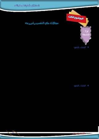 ‫النفس‬‫علم‬‫فهم‬‫أساسيات‬-‫األولى‬‫الوحدة‬
‫والتدريبات‬ ‫األنشطة‬7
: ‫اوال‬
‫األنشطة‬
‫ث‬‫ل‬‫ثا‬‫ل‬‫ا‬ ‫ع‬‫و‬‫ض‬�‫و‬‫مل‬‫ا‬
‫وفروعه‬‫النف�س‬‫علم‬‫جماالت‬
:‫لخص‬ .. ‫ابحث‬ ee
‫النظرية‬ ‫أو‬ ‫األساسية‬ ‫باملجاالت‬ ‫يتعلق‬ ‫أكثر‬ ‫أو‬ ‫كتاب‬ ‫على‬ ‫للحصول‬ ‫املعلومات‬ ‫شبكة‬ ‫أو‬ ‫مدرستك‬ ‫مكتبة‬ ‫في‬ ‫ابحث‬
‫النفس‬ ‫علم‬ ،‫االجتماعي‬ ‫النفس‬ ‫علم‬ ،‫واإلرتقاء‬ ‫النمو‬ ‫نفس‬ ‫علم‬ ،‫الفسيولوجى‬ ‫النفس‬ ‫علم‬ ،‫العام‬ ‫النفس‬ ‫(علم‬
.)‫الفارق‬
:‫املطلوب‬
.‫واحدة‬ ‫صفحة‬ ‫حدود‬ ‫في‬ ‫الكتاب‬ ‫خلص‬ .‫أ‬
‫حياتك؟‬ ‫في‬ ‫الكتاب‬ ‫هذا‬ ‫من‬ ‫االستفادة‬ ‫ميكنك‬ ‫كيف‬ ‫بني‬ .‫ب‬
...........................................................................................................................
...........................................................................................................................
ee:‫لخص‬ .. ‫ابحث‬
‫التطبيقية‬ ‫املجاالت‬ ‫باملجاالت‬ ‫يتعلق‬ ‫أكثر‬ ‫أو‬ ‫كتاب‬ ‫على‬ ‫للحصول‬ ‫املعلومات‬ ‫شبكة‬ ‫أو‬ ‫مدرستك‬ ‫مكتبة‬ ‫في‬ ‫ابحث‬
‫النفس‬ ‫علم‬ ،‫العسكرى‬ ‫أو‬ ‫احلربى‬ ‫النفس‬ ‫علم‬ ،‫التجارى‬ ‫النفس‬ ‫علم‬ ،‫الصناعى‬ ‫النفس‬ ‫علم‬ ،‫التربوى‬ ‫النفس‬ ‫(علم‬
.)‫البيئى‬ ‫النفس‬ ‫علم‬ ،‫العيادى‬ ‫أو‬ ‫الكلينيكى‬
:‫املطلوب‬
.‫واحدة‬ ‫صفحة‬ ‫حدود‬ ‫في‬ ‫الكتاب‬ ‫خلص‬ .‫أ‬
‫حياتك؟‬ ‫في‬ ‫الكتاب‬ ‫هذا‬ ‫من‬ ‫االستفادة‬ ‫ميكنك‬ ‫كيف‬ ‫بني‬ .‫ب‬
...........................................................................................................................
...........................................................................................................................
 