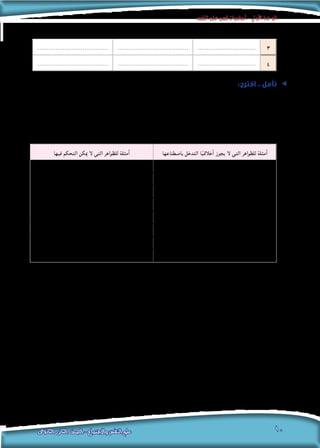 ‫النفس‬‫علم‬‫فهم‬‫أساسيات‬-‫األولى‬‫الوحدة‬
‫الثانوى‬ ‫الثانى‬ ‫الصف‬ - ‫واالجتماع‬ ‫النفس‬ ‫علم‬ 10
3..............................................................................................................
4..............................................................................................................
ee:‫اقترح‬ .. ‫تأمل‬
‫املتغيرات؛‬ ‫في‬ ‫التحكم‬ ‫دون‬ ‫الواقع‬ ‫في‬ ‫عليه‬ ‫هما‬ ‫ما‬ ‫على‬ ‫متغيرين‬ ‫بني‬ ‫العالقة‬ ‫دراسة‬ :‫بأنه‬ ‫التجريبي‬ ‫شبه‬ ‫املنهج‬ ‫ويعرف‬
.‫باصطناعها‬ ‫التدخل‬ ‫ا‬ً‫ي‬‫أخالق‬ ‫يجوز‬ ‫ال‬ ‫أو‬ ،‫فيها‬ ‫التحكم‬ ‫ميكن‬ ‫ال‬ ‫التي‬ ‫الظواهر‬ ‫من‬ ‫تكون‬ ‫قد‬ ‫الظاهرة‬ ‫ألن‬
‫كما‬ ،‫التجريبي‬ ‫شبة‬ ‫املنهج‬ ‫خالل‬ ‫من‬ ‫دراستها‬ ‫ميكن‬ ‫التي‬ ‫الظواهر‬ ‫توضح‬ ‫التي‬ ‫األمثلة‬ ‫من‬ ‫ممكن‬ ‫عدد‬ ‫اكبر‬ ‫اقترح‬
:‫اآلتي‬ ‫اجلدول‬ ‫يوضحها‬
‫فيها‬ ‫التحكم‬ ‫ميكن‬ ‫ال‬ ‫التي‬ ‫للظواهر‬ ‫أمثلة‬ ‫باصطناعها‬ ‫التدخل‬ ‫ا‬ً‫ي‬‫أخالق‬ ‫يجوز‬ ‫ال‬ ‫التي‬ ‫للظواهر‬ ‫أمثلة‬
.................................................. ..................................................
.................................................. ..................................................
.................................................. ..................................................
.................................................. ..................................................
.................................................. ..................................................
.................................................. ..................................................
.................................................. ..................................................
.................................................. ..................................................
 