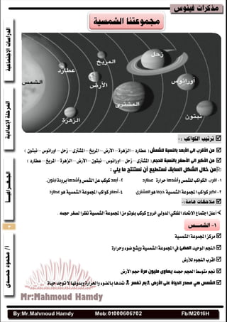 3

‫ٌٍشّش‬ ‫ثبٌٕسجخ‬ ‫األثؼذ‬ ٌٝ‫ا‬ ‫األلشة‬ ِٓ‫عطاضز‬(–٠‫ايعٖط‬–‫األضض‬–‫املطٜذ‬–٣‫املؿرت‬–ٌ‫ظس‬–‫اٚضاْٛؽ‬–)ٕٛ‫ْبت‬
ُ‫ٌٍذج‬ ‫ثبٌٕسجخ‬ ‫األصغش‬ ٌٝ‫ا‬ ‫األوجش‬ ِٓ٣‫املؿرت‬(–ٌ‫ظس‬–‫اٚضاْٛؽ‬–ٕٛ‫ْبت‬–‫األضض‬–٠‫ايعٖط‬–‫املطٜذ‬–)‫عطاضز‬
: ٍٟ٠ ‫ِب‬ ‫ٔسزٕزح‬ ْ‫أ‬ ‫ٔسزغ١غ‬ ‫اٌسبثك‬ ً‫اٌشى‬ ‫خالي‬ ِٓ
‫اقرب‬‫يًؿُؼ‬‫ايهٛانب‬ٚ‫أشدها‬٠‫سطاض‬‫عطارد‬‫أتعد‬‫ايؿُؼ‬ٔ‫ع‬‫نٛنب‬ٚ‫أشدها‬٠‫بطٚز‬‫وثتىن‬.
‫اكثر‬١ٝ‫ايؿُػ‬١‫اجملُٛع‬‫نٛانب‬‫حجما‬ٖٛ‫انمشتري‬‫أصغر‬ٖٛ١ٝ‫ايؿُػ‬١‫اجملُٛع‬‫نٛانب‬‫عطارد‬

ٞ‫ايسٚي‬ٞ‫ايفًه‬‫االؼاز‬‫ادتُاع‬ًٔ‫أع‬.ُ٘‫سذ‬‫يكػط‬‫ْعطا‬١ٝ‫ايؿُػ‬١‫اجملُٛع‬َٔٛ‫بًٛت‬‫نٛنب‬‫خطٚز‬
١ٝ‫ايؿُػ‬١‫اجملُٛع‬‫َطنع‬
‫ايٛسٝس‬ِ‫ايٓذ‬‫اٌّضئ‬١ٝ‫ايؿُػ‬١‫اجملُٛع‬‫يف‬٠‫ٚسطاض‬٤ٛ‫ض‬‫ٜٚؿع‬
ّٛ‫ايٓذ‬‫اقطب‬‫يألضض‬
ِ‫ل‬ُ٘‫سذ‬ِ‫اؿذ‬‫َتٛغط‬‫ِشح‬ ْٛ١ٍِ ٜٚ‫٠سب‬‫األضض‬ِ‫سذ‬
‫األسض‬ ٍٝ‫ػ‬ ‫اٌذ١بح‬ ‫ِصذس‬ ٟ٘ ‫اٌشّس‬‫رفسش‬ ُ‫ث‬٠‫ٚاؿطاض‬٤ٛ‫بايض‬‫متسٖا‬٠‫سٝا‬‫تٛدس‬‫ال‬‫ٚبسْٚٗا‬
 