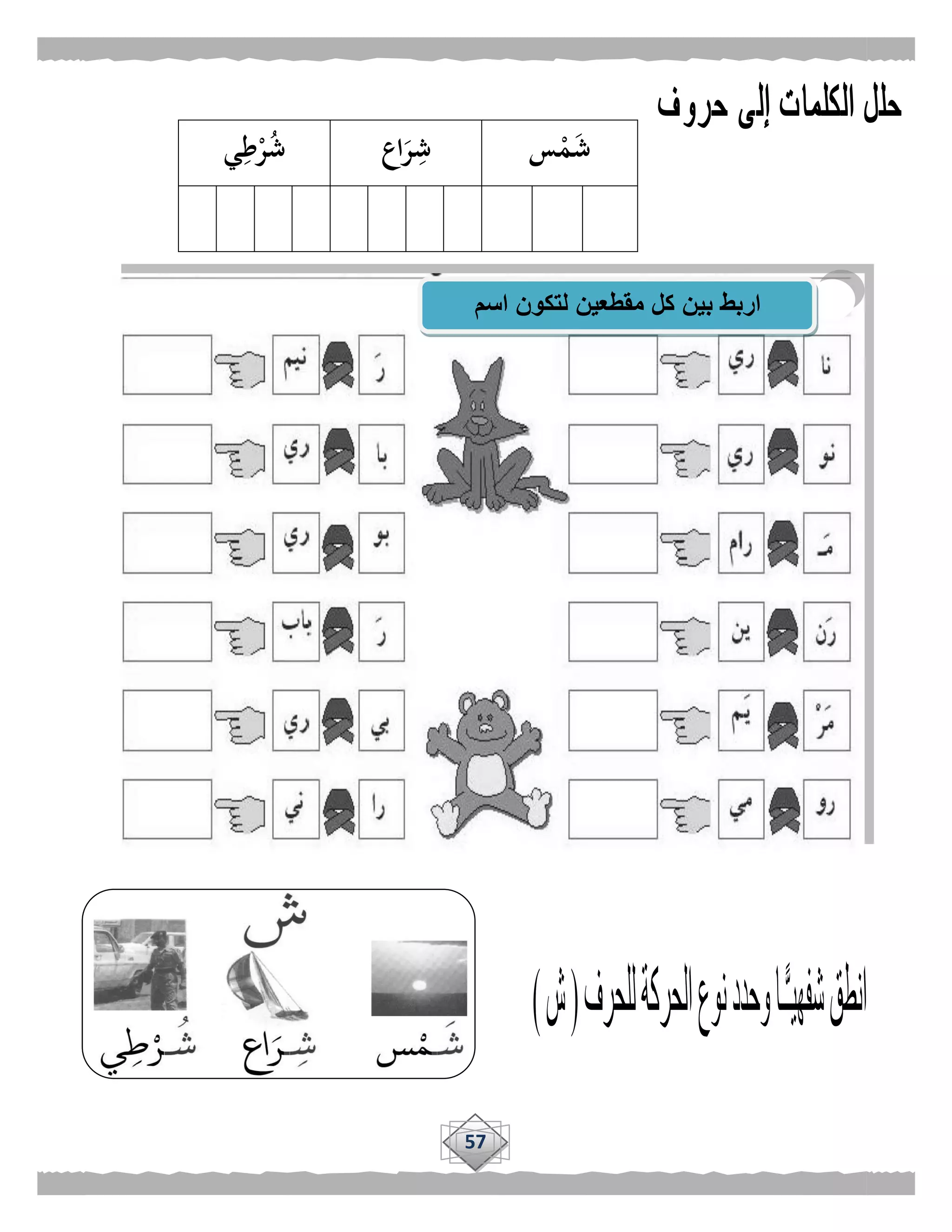 57
‫س‬ْ‫م‬َ‫ش‬‫اع‬َ‫ر‬ِ‫ش‬‫ي‬ِ‫ط‬ْ‫ر‬ُ‫ش‬
‫اسم‬ ‫لتكون‬ ‫مقطعين‬ ‫كل‬ ‫بين‬ ‫اربط‬
 