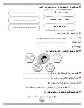 100
‫وا‬ ‫؛‬ ‫حروف‬ ‫مجموعة‬ ‫كل‬ ‫من‬ ‫كلمة‬ ‫كون‬‫النقط‬ ‫مكان‬ ‫كتبها‬:
‫النقط‬ ‫مكان‬ ‫اآلتية‬ ‫الكلمات‬ ‫حلل‬:
(‫أ‬)‫شــــمـــس‬................................................
(‫ب‬)‫مــلـوك‬.................................................
(‫ج‬)‫مــذيـــع‬.................................................
‫حرف‬ ‫صل‬(‫م‬)‫حرف‬ ‫بها‬ ‫التى‬ ‫بالصورة‬(‫م‬: )
‫حرف‬ ‫على‬ ‫يشتمل‬ ‫لك‬ ‫زميل‬ ‫اسم‬ ‫اكتب‬(‫م‬........................................ )
‫حرف‬ ‫على‬ ‫تشتمل‬ ‫فاكهة‬ ‫اسم‬ ‫هات‬(‫م‬............................................. )
‫تب‬ ‫كلمة‬ ‫كل‬ ‫تحت‬ ‫ًّــا‬‫خطـــ‬ ‫ضع‬‫بحرف‬ ‫دأ‬(‫م‬: )
‫ثــــــوم‬-‫مـــذيــع‬-‫شـــمـــس‬-‫صــــر‬‫مــــــ‬–‫عظـــــيمة‬
‫حرف‬ ‫وسطها‬ ‫فى‬ ‫كلمة‬ ‫كل‬ ‫تحت‬ ‫ًّـا‬‫خطـــ‬ ‫ضع‬(‫م‬: )
‫مذيع‬-‫يرسم‬-‫شمس‬-‫ملك‬-‫سمير‬
‫ــــز‬-‫غــــ‬-‫ل‬-‫ا‬
‫ـــس‬-‫شـــ‬-‫ـــــمــــ‬
‫م‬-‫ـــو‬-‫ث‬
.................................
......................................
..................................
 