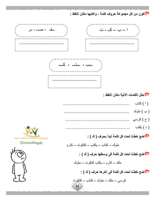 92
‫كو‬‫النقط‬ ‫مكان‬ ‫واكتبها‬ ، ‫كلمة‬ ‫حروف‬ ‫مجموعة‬ ‫كل‬ ‫من‬ ‫ن‬:
‫النقط‬ ‫مكان‬ ‫اآلتية‬ ‫الكلمات‬ ‫حلل‬:
(‫أ‬)‫كتاب‬...........................................................
(‫ب‬)‫ملوك‬..........................................................
(‫ج‬)‫كرسى‬.........................................................
(‫د‬)‫يكتب‬.........................................................
‫بحرف‬ ‫تبدأ‬ ‫كلمة‬ ‫كل‬ ‫تحت‬ ‫ًّا‬‫خطــ‬ ‫ضع‬(‫ك‬: )
‫ملوك‬–‫كتاب‬–‫يكتب‬–‫كتكوت‬–‫كارم‬
‫حرف‬ ‫وسطها‬ ‫فى‬ ‫كلمة‬ ‫كل‬ ‫تحت‬ ‫ًّا‬‫خطــ‬ ‫ضع‬(‫ك‬: )
‫ملك‬–‫كارم‬–‫كتكوت‬ ‫يكتب‬–‫ملوك‬
‫حرف‬ ‫آخرها‬ ‫فى‬ ‫كلمة‬ ‫كل‬ ‫تحت‬ ‫ًّا‬‫خطــ‬ ‫ضع‬(‫ك‬: )
‫كرسى‬–‫ملك‬–‫ملوك‬–‫كتاب‬–‫كتكوت‬
‫ا‬–‫ب‬–‫كــ‬-‫ت‬
‫ـــب‬-‫ـــتـــ‬-‫كــــ‬
‫ـــقـ‬-‫صـــ‬-‫ــر‬
...................................
......................................................................
 