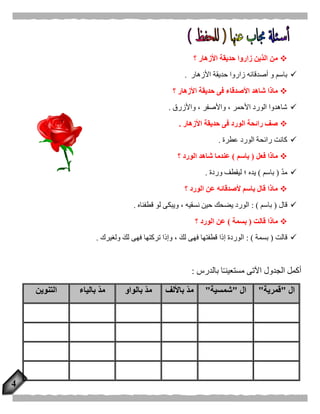 4
‫؟‬ ‫األزهار‬ ‫حديقة‬ ‫زاروا‬ ‫الذين‬ ‫من‬
‫األزهار‬ ‫حديقة‬ ‫زاروا‬ ‫أصدقائه‬ ‫و‬ ‫باسم‬.
‫األ‬ ‫شاهد‬ ‫ماذا‬‫؟‬ ‫األزهار‬ ‫حديقة‬ ‫فى‬ ‫صدقاء‬
‫واألزرق‬ ، ‫واألصفر‬ ، ‫األحمر‬ ‫الورد‬ ‫شاهدوا‬.
‫األزهار‬ ‫حديقة‬ ‫فى‬ ‫الورد‬ ‫رائحة‬ ‫صف‬.
‫عطرة‬ ‫الورد‬ ‫رائحة‬ ‫كانت‬.
‫فعل‬ ‫ماذا‬(‫باسم‬)‫؟‬ ‫الورد‬ ‫شاهد‬ ‫عندما‬
ّ‫د‬‫م‬(‫باسم‬)‫وردة‬ ‫ليقطف‬ ‫؛‬ ‫يده‬.
‫؟‬ ‫الورد‬ ‫عن‬ ‫ألصدقائه‬ ‫باسم‬ ‫قال‬ ‫ماذا‬
‫قال‬(‫باسم‬: )‫يض‬ ‫الورد‬‫قطفناه‬ ‫لو‬ ‫ويبكى‬ ، ‫نسقيه‬ ‫حين‬ ‫حك‬.
‫ماذا‬‫قالت‬(‫بسمة‬)‫؟‬ ‫الورد‬ ‫عن‬
‫قالت‬(‫ب‬‫سم‬‫ة‬: )‫ولغيرك‬ َ‫لك‬ ‫فهى‬ ‫تركتها‬ ‫وإذا‬ ، َ‫لك‬ ‫فهى‬ ‫قطفتها‬ ‫إذا‬ ‫الوردة‬.
‫اآلتى‬ ‫الجدول‬ ‫أكمل‬‫بالدرس‬ ‫ا‬ً‫ـ‬‫مستعين‬:
‫ال‬"‫قمرية‬"‫ال‬"‫شمسية‬"‫باأللف‬ ‫مد‬‫بالواو‬ ‫مد‬‫بالياء‬ ‫مد‬‫التنوين‬
 
