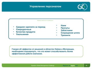 Return to topic list 36
Говоря об эффектах от решений в областях Найма и Мотивации,
необходимо подчеркнуть, что это может способствовать более
эффективной работе компании.
• Наем
• Прогулы
• Забастовки
• Сокращение штата
• Тренинги
• Средняя зарплата за период
• Сверхурочные
• Качество продукта
• Увольнения
Показатели стабильности и нестабильности
Брифинг Global Management Challenge
Управление персоналом
 