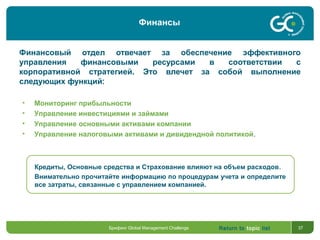 Return to topic list 37
Финансовый отдел отвечает за обеспечение эффективного
управления финансовыми ресурсами в соответствии с
корпоративной стратегией. Это влечет за собой выполнение
следующих функций:
Кредиты, Основные средства и Страхование влияют на объем расходов.
Внимательно прочитайте информацию по процедурам учета и определите
все затраты, связанные с управлением компанией.
• Мониторинг прибыльности
• Управление инвестициями и займами
• Управление основными активами компании
• Управление налоговыми активами и дивидендной политикой.
Брифинг Global Management Challenge
Финансы
 