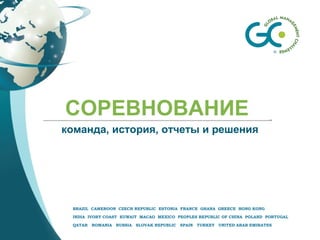 BRAZIL CAMEROON CZECH REPUBLIC ESTONIA FRANCE GHANA GREECE HONG KONG
INDIA IVORY COAST KUWAIT MACAO MEXICO PEOPLES REPUBLIC OF CHINA POLAND PORTUGAL
QATAR ROMANIA RUSSIA SLOVAK REPUBLIC SPAIN TURKEY UNITED ARAB EMIRATES
СОРЕВНОВАНИЕ
команда, история, отчеты и решения
 