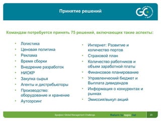 Return to topic list 20
Командам потребуется принять 75 решений, включающих такие аспекты:
• Логистика
• Ценовая политика
• Реклама
• Время сборки
• Внедрение разработок
• НИОКР
• Закупка сырья
• Агенты и дистрибьюторы
• Производство:
оборудование и хранение
• Аутсорсинг
• Интернет: Развитие и
количество портов
• Страховой план
• Количество работников и
объем заработной платы
• Финансовое планирование
• Управленческий бюджет и
Выплата дивидендов
• Информация о конкурентах и
рынках
• Эмиссия/выкуп акций
Брифинг Global Management Challenge
Принятие решений
 