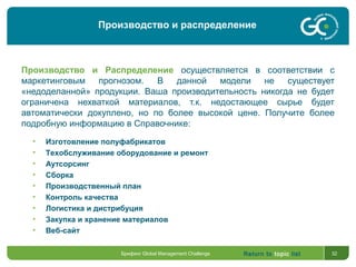 Return to topic list 32
Производство и Распределение осуществляется в соответствии с
маркетинговым прогнозом. В данной модели не существует
«недоделанной» продукции. Ваша производительность никогда не будет
ограничена нехваткой материалов, т.к. недостающее сырье будет
автоматически докуплено, но по более высокой цене. Получите более
подробную информацию в Справочнике:
• Изготовление полуфабрикатов
• Техобслуживание оборудование и ремонт
• Аутсорсинг
• Сборка
• Производственный план
• Контроль качества
• Логистика и дистрибуция
• Закупка и хранение материалов
• Веб-сайт
Брифинг Global Management Challenge
Производство и распределение
 