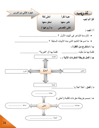 22
‫أجب‬ ‫ثم‬ ‫اقرأ‬
‫أ‬/‫أجب‬:
‫األول‬ ‫البيت‬ ‫فى‬ ‫الشاعر‬ ‫دعا‬ ‫إالم‬‫؟‬....................................................
‫؟‬ ‫السابقة‬ ‫األبيات‬ ‫منه‬ ‫الذى‬ ‫النشيد‬ ‫هذا‬ ‫اسم‬ ‫ما‬..............................................
‫ب‬/‫ا‬‫الفقرة‬ ‫من‬ ‫ستخرج‬:
‫بالياء‬ ّ‫د‬‫م‬ ‫بها‬ ‫كلمة‬......................‫ال‬ ‫بها‬ ‫كلمة‬"‫قمرية‬......................... "
‫جـ‬/‫أكمل‬‫خريطة‬‫المفردات‬‫اآلتية‬:-
‫د‬/‫أكمل‬:‫يا‬ ‫أهال‬ ‫أهال‬..............................
‫هـ‬/‫لكلمة‬ ‫مفردات‬ ‫خريطة‬ ‫صمم‬(‫أحلى‬)
‫النوع‬ ‫أروع‬ ‫المعنى‬
‫الجملة‬
‫المضاد‬
‫الدرس‬ ‫من‬ ‫الثانى‬ ‫الجزء‬
‫ا‬‫هيــ‬‫لغة‬ ‫أحلى‬ ‫نقرأ‬
‫معها‬ ‫نحلو‬ ‫معها‬ ‫نكبر‬
‫أروعها‬ ‫ما‬ ‫الفصحى‬ ‫لغتى‬!
‫أحلى‬
‫معناها‬...........................
‫مضادها‬...........................‫نوعها‬...........................
‫ال‬‫جملة‬..............................................
 