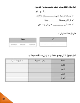 25
‫بين‬ ‫مما‬ ‫مناسب‬ ‫عطف‬ ‫بحرف‬ ‫النقط‬ ‫مكان‬ ‫أكمل‬‫القوسين‬:
{‫فـ‬-‫و‬–‫ثم‬}
، ‫عمى‬ ‫بيت‬ ‫إلى‬ ‫وصلنا‬..............‫الغذاء‬ ‫تناولنا‬
‫صحيفة‬ ‫أبى‬ ‫قرأ‬.................‫مجلة‬
‫أبى‬ ‫ذهب‬..................‫جدى‬ ‫بيت‬ ‫إلى‬ ‫عمى‬
‫يأتى‬ ‫مما‬ ‫كلمة‬ ‫كل‬ ‫حلل‬:
‫عالمة‬ ‫بوضع‬ ‫التالى‬ ‫الجدول‬ ‫أكمل‬(√)‫الصحيحة‬ ‫الخانة‬ ‫فى‬:-
‫الكلمة‬(‫ال‬)‫القمرية‬(‫ال‬)‫الشمسية‬
‫التلميذ‬
‫المعلم‬
‫الطفل‬
‫القصة‬
‫بسمة‬
........... ......... .........
‫قلم‬
. .................... ........
 