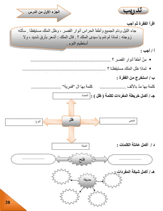 38
‫أجب‬ ‫ثم‬ ‫الفقرة‬ ‫اقرأ‬
‫أ‬/‫أجب‬:
‫أ‬ ْ‫من‬‫القصر‬ ‫أنوار‬ ‫طفأ‬‫؟‬...................................................................
‫ا‬‫مستيقظـ‬ ‫الملك‬ ‫ظل‬ ‫لماذا‬‫؟‬......................................................................
‫ب‬/‫الفقرة‬ ‫من‬ ‫استخرج‬:
‫باأللف‬ ّ‫د‬‫م‬ ‫بها‬ ‫كلمة‬......................‫ال‬ ‫بها‬ ‫كلمة‬"‫قمرية‬......................... "
‫جـ‬/‫أكمل‬‫خريطة‬‫المفردات‬‫لكلمة‬(‫ظل‬: )
‫د‬/‫الكلمات‬ ‫عائلة‬ ‫أكمل‬:
‫هـ‬/‫أكمل‬‫المفردات‬ ‫شبكة‬:
‫النوع‬ ‫ظل‬ ‫المعنى‬
‫الجملة‬
‫المضاد‬
‫مستيقظا‬ ‫الملك‬ ‫وظل‬ ، ‫القصر‬ ‫أنوار‬ ‫الحراس‬ ‫وأطفأ‬ ‫الجميع‬ ‫ونام‬ ‫الليل‬ ‫جاء‬.‫سألته‬
‫زوجته‬:‫لماذا‬‫؟‬ ‫الملك‬ ‫سيدى‬ ‫يا‬ ‫تنم‬ ‫لم‬.‫الملك‬ ‫قال‬:‫وال‬ ، ‫شديد‬ ‫بأرق‬ ‫أشعر‬
‫النوم‬ ‫أستطيع‬.
‫الدرس‬ ‫من‬ ‫األول‬ ‫الجزء‬
......................................................
‫فتح‬
‫حديقة‬
 