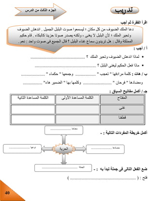 40
‫أجب‬ ‫ثم‬ ‫الفقرة‬ ‫اقرأ‬
‫أ‬/‫أجب‬:
‫الملك‬ ‫وتحير‬ ‫الضيوف‬ ‫اندهش‬ ‫لماذا‬‫؟‬................................................
‫؟‬ ‫البلبل‬ ‫ليغنى‬ ‫الحكيم‬ ‫فعل‬ ‫ماذا‬......................................................
‫ب‬/‫هات‬:‫مر‬ ‫كلمة‬‫ادفها‬"‫تعجب‬......... ".........‫وج‬‫معها‬"‫حكماء‬............. "........
‫ومضادها‬"‫فرحان‬......................... "‫بها‬ ‫وكلمها‬"‫هاء‬ ‫الضمير‬................. "
‫جـ‬/‫السياق‬ ‫مفاتيح‬ ‫أكمل‬:
‫المفتاح‬‫األولى‬ ‫المساعدة‬ ‫الكلمة‬‫المساعد‬ ‫الكلمة‬‫الثانية‬ ‫ة‬
‫غنى‬
‫قطفنا‬
‫المفردات‬ ‫خريطة‬ ‫أكمل‬‫التالية‬:-
‫به‬ ‫تبدأ‬ ‫جملة‬ ‫فى‬ ‫التالى‬ ‫الفعل‬ ‫ضع‬:-
‫فتح‬) .......................................................... ( :
‫الدرس‬ ‫من‬ ‫الثالث‬ ‫الجزء‬
‫الجميل‬ ‫البلبل‬ ‫صوت‬ ‫ليسمعوا‬ ‫؛‬ ‫مكان‬ ‫كل‬ ‫من‬ ‫الضيوف‬ ‫الملك‬ ‫دعا‬.‫الضيوف‬ ‫اندهش‬
‫كالبكاء‬ ‫حزينا‬ ‫صوتا‬ ‫يصدر‬ ‫ولكنه‬ ، ‫يغنى‬ ‫ال‬ ‫البلبل‬ ‫ألن‬ ‫؛‬ ‫الملك‬ ‫وتحير‬.‫قام‬‫حكيم‬
‫وقال‬ ‫المملكة‬:‫واحد‬ ‫صوت‬ ‫فى‬ ‫الجميع‬ ‫قال‬ ‫؟‬ ‫البلبل‬ ‫غناء‬ ‫سماع‬ ‫تريدون‬ ‫هل‬:‫نعم‬.
‫الحرية‬
‫معناها‬...........................
‫مضادها‬...........................‫نوعها‬...........................
‫الجملة‬..............................................
 