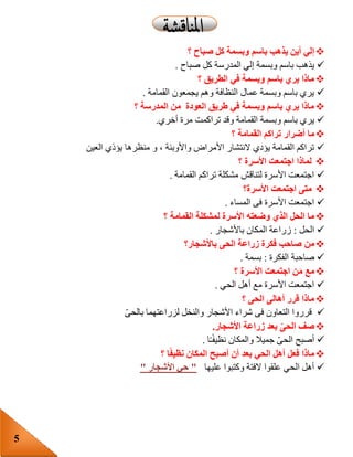 5
‫ب‬ ‫يذهب‬ ‫أين‬ ‫إلي‬‫؟‬ ‫صباح‬ ‫كل‬ ‫وبسمة‬ ‫اسم‬
‫المدرسة‬ ‫إلي‬ ‫وبسمة‬ ‫باسم‬ ‫يذهب‬‫صباح‬ ‫كل‬.
‫؟‬ ‫الطريق‬ ‫في‬ ‫وبسمة‬ ‫باسم‬ ‫يري‬ ‫ماذا‬
‫القمامة‬ ‫يجمعون‬ ‫وهم‬ ‫النظافة‬ ‫عمال‬ ‫وبسمة‬ ‫باسم‬ ‫يري‬.
‫؟‬ ‫المدرسة‬ ‫من‬ ‫العودة‬ ‫طريق‬ ‫في‬ ‫وبسمة‬ ‫باسم‬ ‫يري‬ ‫ماذا‬
‫تر‬ ‫وقد‬ ‫القمامة‬ ‫وبسمة‬ ‫باسم‬ ‫يري‬‫ا‬‫أخري‬ ‫مرة‬ ‫كمت‬.
‫ما‬‫أضرار‬‫؟‬ ‫القمامة‬ ‫تراكم‬
‫واألوبئة‬ ‫األمراض‬ ‫النتشار‬ ‫يؤدي‬ ‫القمامة‬ ‫تراكم‬،‫و‬‫العين‬ ‫يؤذي‬ ‫منظرها‬
‫؟‬ ‫األسرة‬ ‫اجتمعت‬ ‫لماذا‬
‫القمامة‬ ‫تراكم‬ ‫مشكلة‬ ‫لتناقش‬ ‫األسرة‬ ‫اجتمعت‬.
‫األسرة؟‬ ‫اجتمعت‬ ‫متى‬
‫المساء‬ ‫فى‬ ‫األسرة‬ ‫اجتمعت‬.
‫الذي‬ ‫الحل‬ ‫ما‬‫وضعته‬‫األسرة‬‫ل‬‫القمامة‬ ‫مشكلة‬‫؟‬
‫الحل‬:‫باألشجار‬ ‫المكان‬ ‫زراعة‬.
‫من‬‫باألشجار؟‬ ‫الحى‬ ‫زراعة‬ ‫فكرة‬ ‫صاحب‬
‫الفكرة‬ ‫صاحبة‬:‫بسمة‬.
‫؟‬ ‫األسرة‬ ‫اجتمعت‬ ‫ن‬َ‫م‬ ‫مع‬
‫الحي‬ ‫أهل‬ ‫مع‬ ‫األسرة‬ ‫اجتمعت‬.
‫؟‬ ‫الحى‬ ‫أهالى‬ ‫قرر‬ ‫ماذا‬
ّ‫ى‬‫بالح‬ ‫لزراعتهما‬ ‫والنخل‬ ‫األشجار‬ ‫شراء‬ ‫فى‬ ‫التعاون‬ ‫قرروا‬
‫صف‬‫ال‬‫حى‬‫األشجار‬ ‫زراعة‬ ‫بعد‬.
‫ال‬ ‫أصبح‬‫والمكان‬ ‫جميال‬ ّ‫ى‬‫ح‬‫نظيف‬‫ـ‬‫ا‬.
‫فعل‬ ‫ماذا‬‫؟‬ ‫ا‬ً‫ف‬‫نظي‬ ‫المكان‬ ‫أصبح‬ ‫أن‬ ‫بعد‬ ‫الحي‬ ‫أهل‬
‫عل‬ ‫وكتبوا‬ ‫الفتة‬ ‫علقوا‬ ‫الحي‬ ‫أهل‬‫ي‬‫ها‬"‫األشجار‬ ‫حي‬"
 