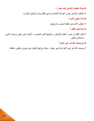 51
‫؟‬ ‫مصر‬ ‫بلده‬ ‫الشاعر‬ ‫خاطب‬ ‫بماذا‬
‫و‬ ‫الحضارة‬ ‫بلد‬ ‫أنها‬ ‫مصر‬ ‫الشاعر‬ ‫خاطب‬‫البشارة‬ ‫وللدين‬ ‫منارة‬ ‫للعلم‬ ‫هى‬.
‫؟‬ ‫األمم‬ ‫تحكى‬ ‫ماذا‬
‫وتاريخها‬ ‫مصر‬ ‫عظمة‬ ‫عن‬ ‫األمم‬ ‫تحكى‬.
‫؟‬ ‫القلم‬ ‫كتب‬ ‫ماذا‬
‫الدين‬ ‫وبشارة‬ ‫الهرم‬ ‫ارض‬ ‫ألنها‬ ، ‫الشعوب‬ ‫أكرم‬ ‫وشعبها‬ ، ‫األوطان‬ ‫أعظم‬ ‫مصر‬ ‫أن‬ ‫القلم‬ ‫كتب‬
‫والخير‬ ‫والسالم‬.
‫؟‬ ‫النيل‬ ‫نهر‬ ‫الشاعر‬ ‫وصف‬ ‫بم‬
‫الشاع‬ ‫وصف‬‫نهر‬ ‫بأنه‬ ‫النيل‬ ‫نهر‬ ‫ر‬‫ا‬‫متدفقـ‬ ‫بالخير‬ ‫يجرى‬ ‫وهو‬ ‫النخيل‬ ‫يرتفع‬ ‫حوله‬ ، ‫جميل‬.
 