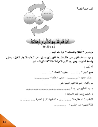 56
‫الكلمة‬ ‫عائلة‬ ‫أكمل‬
‫أوال‬:‫القراءة‬
‫درس‬ ‫من‬"‫والسحابة‬ ‫الطفل‬"‫أجب‬ ‫ثم‬ ، ‫اقرأ‬:
{، ‫جميل‬ ‫نهر‬ ‫فوق‬ ‫السحابة‬ ‫حلقت‬ ‫حتى‬ ‫أخرى‬ ‫ساعات‬ ‫مرت‬‫وحقول‬ ، ‫النخيل‬ ‫أشجار‬ ‫شاطئيه‬ ‫على‬
‫السماء‬ ‫تعانق‬ ‫الثالثة‬ ‫األهرامات‬ ‫تظهر‬ ‫بعيد‬ ‫ومن‬ ، ‫خضراء‬ ‫واسعة‬}
‫أ‬/‫أكمل‬:
‫جمع‬"‫نهر‬............. "‫مفرد‬ ،"‫النخيل‬............. "
‫مضاد‬"‫بعيد‬................ "‫معنى‬ ،"‫حلقت‬.................... "
‫ب‬/‫أكمل‬:‫هذ‬ ‫اسم‬‫نهر‬ ‫الجميل‬ ‫النهر‬ ‫ا‬....................
‫جـ‬/‫؟‬ ‫بعيد‬ ‫من‬ ‫ظهر‬ ‫ماذا‬..............................................................
‫د‬/‫السابقة‬ ‫الفقرة‬ ‫من‬ ‫استخرج‬:
‫بها‬ ‫كلمة‬"‫مفتوحة‬ ‫تاء‬................ "‫بها‬ ‫كلمة‬ ،(‫ال‬)‫شمسية‬....................
‫تنته‬ ‫كلمة‬‫ى‬"‫الضمير‬ ‫هاء‬................. "
.0
.........
‫حفر‬
.........
 