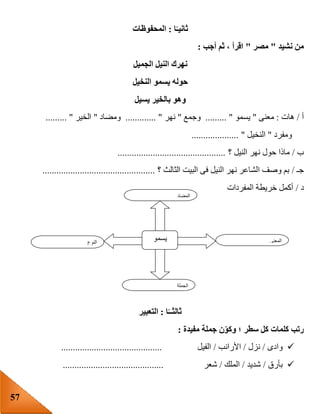 57
‫ا‬ً‫ثانيـ‬:‫المحفوظات‬
‫نشيد‬ ‫من‬"‫مصر‬"‫أجب‬ ‫ثم‬ ، ‫اقرأ‬:
‫الجميل‬ ‫النيل‬ ‫نهرك‬
‫النخيل‬ ‫يسمو‬ ‫حوله‬
‫يسيل‬ ‫بالخير‬ ‫وهو‬
‫أ‬/‫هات‬:‫معنى‬"‫يسمو‬......... "‫وجمع‬"‫نهر‬............. "‫ومضاد‬"‫الخير‬......... "
‫ومفرد‬"‫النخيل‬"....................
‫ب‬/‫؟‬ ‫النيل‬ ‫نهر‬ ‫حول‬ ‫ماذا‬..............................................
‫جـ‬/‫؟‬ ‫الثالث‬ ‫البيت‬ ‫فى‬ ‫النيل‬ ‫نهر‬ ‫الشاعر‬ ‫وصف‬ ‫بم‬................................................
‫د‬/‫المفردات‬ ‫خريطة‬ ‫أكمل‬
‫ا‬ً‫ثالثــ‬:‫التعبير‬
‫سطر‬ ‫كل‬ ‫كلمات‬ ‫رتب‬‫مفيدة‬ ‫جملة‬ ‫ن‬‫وكو‬ ‫؛‬:
‫وادى‬/‫نزل‬/‫األرانب‬/‫الفيل‬...........................................
‫بأرق‬/‫شديد‬/‫الملك‬/‫شعر‬...........................................
‫النوع‬
‫يسمو‬ ‫المعنى‬
‫الجملة‬
‫المضاد‬
 