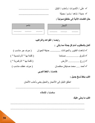 58
‫ى‬ّ‫ن‬‫غ‬/‫األصوات‬/‫بأعذب‬/‫البلبل‬...........................................
‫مدينة‬/‫شاهد‬/‫باسم‬/‫جميلة‬...........................................
‫صوتية‬ ‫مقاطع‬ ‫إلى‬ ‫اآلتية‬ ‫الكلمات‬ ‫حلل‬:
‫رابع‬‫ـا‬ً‫ــ‬:‫والتراكيب‬ ‫القواعد‬
‫يأتى‬ ‫مما‬ ‫جملة‬ ‫كل‬ ‫أمام‬ ‫بالمطلوب‬ ‫أكمل‬:
‫والحيوانات‬ ‫الطيور‬ ‫شاهدت‬...............‫الحيوان‬ ‫حديقة‬(‫مناسب‬ ‫جر‬ ‫حرف‬)
‫تشرق‬..................‫ا‬‫صباحـ‬(‫بها‬ ‫كلمة‬"‫شمسية‬ ‫الم‬) "
‫زرع‬................‫األرض‬(‫بها‬ ‫كلمة‬"‫قمرية‬ ‫الم‬) "
‫أحمد‬.....‫مخلصان‬ ‫صديقان‬ ‫محمد‬(‫مناسب‬ ‫عطف‬ ‫حرف‬)
‫ـا‬ً‫س‬‫خام‬:‫العربى‬ ‫الخط‬
‫جميل‬ ‫نسخ‬ ‫بخط‬ ‫اكتب‬:
‫األلحان‬ ‫بأعذب‬ ‫يغنى‬ ‫والنخيل‬ ‫األشجار‬ ‫إلى‬ ‫البلبل‬ ‫انطلق‬
...........................................................................................
‫ـا‬ً‫س‬‫ساد‬:‫اإلمالء‬
‫عليك‬ ‫يملى‬ ‫ما‬ ‫اكتب‬
..........................................................................................................
..........................................................................................................
‫أشجار‬
........... ......... .........
‫باسم‬
........... ......... .........
 
