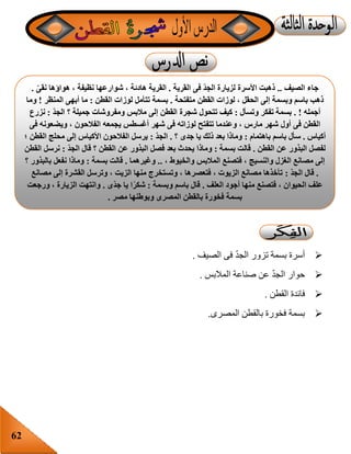 62
‫الصيف‬ ‫فى‬ ّ‫د‬‫الج‬ ‫تزور‬ ‫بسمة‬ ‫أسرة‬.
‫المالبس‬ ‫صناعة‬ ‫عن‬ ّ‫د‬‫الج‬ ‫حوار‬.
‫القطن‬ ‫فائدة‬.
‫المصرى‬ ‫بالقطن‬ ‫فخورة‬ ‫بسمة‬.
‫الصيف‬ ‫جاء‬..‫القرية‬ ‫فى‬ ‫الجد‬ ‫لزيارة‬ ‫األسرة‬ ‫ذهبت‬.‫نقى‬ ‫هواؤها‬ ، ‫نظيفة‬ ‫شوارعها‬ ، ‫هادئة‬ ‫القرية‬.
‫متفتحة‬ ‫القطن‬ ‫لوزات‬ ، ‫الحقل‬ ‫إلى‬ ‫وبسمة‬ ‫باسم‬ ‫ذهب‬.‫القطن‬ ‫لوزات‬ ‫تتأمل‬ ‫بسمة‬:‫المنظر‬ ‫أبهى‬ ‫ما‬!‫وما‬
‫أجمله‬. !‫وتسأل‬ ‫تفكر‬ ‫بسمة‬:‫القط‬ ‫شجرة‬ ‫تتحول‬ ‫كيف‬‫الجد‬ ‫؟‬ ‫جميلة‬ ‫ومفروشات‬ ‫مالبس‬ ‫إلى‬ ‫ن‬:‫نزرع‬
‫فى‬ ‫ويضعونه‬ ، ‫الفالحون‬ ‫يجمعه‬ ‫أغسطس‬ ‫شهر‬ ‫فى‬ ‫لوزاته‬ ‫تتفتح‬ ‫وعندما‬ ، ‫مارس‬ ‫شهر‬ ‫أول‬ ‫فى‬ ‫القطن‬
‫أكياس‬.‫باهتمام‬ ‫باسم‬ ‫سأل‬:‫؟‬ ‫جدى‬ ‫يا‬ ‫ذلك‬ ‫بعد‬ ‫وماذا‬.‫الجد‬:‫؛‬ ‫القطن‬ ‫محلج‬ ‫إلى‬ ‫األكياس‬ ‫الفالحون‬ ‫يرسل‬
‫القطن‬ ‫عن‬ ‫البذور‬ ‫لفصل‬.‫بس‬ ‫قالت‬‫مة‬:‫الجد‬ ‫قال‬ ‫؟‬ ‫القطن‬ ‫عن‬ ‫البذور‬ ‫فصل‬ ‫بعد‬ ‫يحدث‬ ‫وماذا‬:‫القطن‬ ‫نرسل‬
، ‫والخيوط‬ ‫المالبس‬ ‫فتصنع‬ ، ‫والنسيج‬ ‫الغزل‬ ‫مصانع‬ ‫إلى‬..‫وغيرهما‬.‫بسمة‬ ‫قالت‬:‫؟‬ ‫بالبذور‬ ‫نفعل‬ ‫وماذا‬
.‫الجد‬ ‫قال‬:‫مصانع‬ ‫إلى‬ ‫القشرة‬ ‫وترسل‬ ، ‫الزيت‬ ‫منها‬ ‫وتستخرج‬ ، ‫فتعصرها‬ ، ‫الزيوت‬ ‫مصانع‬ ‫تأخذها‬
‫ا‬ ‫علف‬‫العلف‬ ‫أجود‬ ‫منها‬ ‫فتصنع‬ ، ‫لحيوان‬.‫وبسمة‬ ‫باسم‬ ‫قال‬:‫ى‬‫جد‬ ‫يا‬ ‫ا‬ً‫شكر‬.‫ورجعت‬ ، ‫الزيارة‬ ‫وانتهت‬
‫مصر‬ ‫وبوطنها‬ ‫المصرى‬ ‫بالقطن‬ ‫فخورة‬ ‫بسمة‬.
 