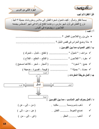 68
‫أجب‬ ‫ثم‬ ‫الفقرة‬ ‫اقرأ‬
‫أ‬/‫أجب‬:
‫القطن‬ ‫الفالحون‬ ‫يزرع‬ ‫متى‬‫؟‬...............................................................
‫؟‬ ‫البلبل‬ ‫قفص‬ ‫فى‬ ‫الحراس‬ ‫وضع‬ ‫ماذا‬......................................................
‫ب‬/‫القوسين‬ ‫بين‬ ‫مما‬ ‫الصواب‬ ‫تخير‬:
‫مرادف‬" :‫ل‬ّ‫و‬‫تتح‬( .......................... "‫تتفتح‬–‫تتبدل‬–‫تتحرك‬)
‫مفرد‬" :‫الفالحون‬( ......................... "‫الفالح‬–‫المفلح‬–‫الفالح‬)
‫جمع‬" :‫شجرة‬"( .........................‫أشجار‬–‫شجر‬–‫صحيح‬ ‫كالهما‬)
‫مضاد‬" :‫جميلة‬( ........................ "‫قبيحة‬–‫قصيرة‬–‫ضعيفة‬)
‫جـ‬/‫خريطة‬ ‫أكمل‬‫المفردات‬:
‫د‬/‫القوسين‬ ‫بين‬ ‫مما‬ ، ‫المناسب‬ ‫الجر‬ ‫بحرف‬ ‫أكمل‬:
‫وبسمة‬ ‫باسم‬ ‫ذهب‬..........‫مكتبه‬.(‫من‬–‫إلى‬-‫عن‬)
‫الخيوط‬ ‫نصنع‬.............‫القطن‬( .‫عن‬–‫من‬–‫إلى‬)
‫أذهب‬...........‫الحقل‬( .‫فى‬–‫إلى‬–‫من‬)
‫النوع‬ ‫تسأل‬ ‫المعنى‬
‫الجملة‬
‫المضاد‬
‫وتسأل‬ ‫تفكر‬ ‫بسمة‬:‫؟‬ ‫جميلة‬ ‫ومفروشات‬ ‫مالبس‬ ‫إلى‬ ‫القطن‬ ‫شجرة‬ ‫تتحول‬ ‫كيف‬ّ‫د‬‫الج‬:
‫يجمعه‬ ‫أغسطس‬ ‫شهر‬ ‫فى‬ ‫لوزاته‬ ‫تتفتح‬ ‫وعندما‬ ، ‫مارس‬ ‫شهر‬ ‫أول‬ ‫فى‬ ‫القطن‬ ‫نزرع‬
‫ويضعونه‬ ، ‫الفالحون‬‫أكياس‬ ‫فى‬.
‫الدرس‬ ‫من‬ ‫الثانى‬ ‫الجزء‬
 