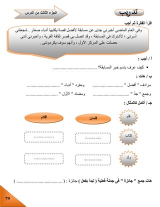 79
‫أجب‬ ‫ثم‬ ‫الفقرة‬ ‫اقرأ‬
‫أ‬/‫أجب‬:
‫المسابقة‬ ‫خبر‬ ‫باسم‬ ‫عرف‬ ‫كيف‬‫؟‬......................................
‫ب‬/‫هات‬:
‫مرادف‬"‫أفضل‬.......................... "‫ومفرد‬"‫أدباء‬............................ "
‫وجمع‬"َّ‫د‬‫ج‬............................... "‫ومضاد‬"‫األول‬........................... "
‫جـ‬/‫كالمثال‬ ‫أكمل‬:
‫ها‬‫جمع‬ ‫ت‬"‫جائزة‬"‫فعلية‬ ‫جملة‬ ‫فى‬(‫بفعل‬ ‫تبدأ‬)‫جائزة‬) ....................................... ( :
‫الدرس‬ ‫من‬ ‫الثالث‬ ‫الجزء‬
‫صغار‬ ‫أدباء‬ ‫يكتبها‬ ‫قصة‬ ‫ألفضل‬ ‫مسابقة‬ ‫عن‬ ‫جدى‬ ‫أخبرنى‬ ‫الماضى‬ ‫العام‬ ‫وفى‬.‫شجعتنى‬
‫أننى‬ ‫وأخبرنى‬ ، ‫القرية‬ ‫ثقافة‬ ‫قصر‬ ‫بى‬ ‫اتصل‬ ‫وقد‬ ، ‫المسابقة‬ ‫فى‬ ‫ألشترك‬ ‫؛‬ ‫أسرتى‬
‫يكرموننى‬ ‫سوف‬ ‫وأنهم‬ ، ‫األول‬ ‫المركز‬ ‫على‬ ‫حصلت‬.
‫قلم‬‫قلمان‬‫أقالم‬
‫كتاب‬...............................
‫ولد‬..................................
 