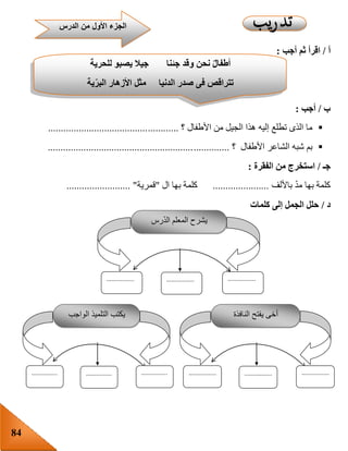 84
‫أ‬/‫ثم‬ ‫اقرأ‬‫أجب‬:
‫ب‬/‫أجب‬:
‫إليه‬ ‫تطلع‬ ‫الذى‬ ‫ما‬‫األطفال‬ ‫من‬ ‫الجيل‬ ‫هذا‬‫؟‬...................................................
‫األطفال‬ ‫الشاعر‬ ‫شبه‬ ‫بم‬‫؟‬.......................................................................
‫جـ‬/‫الفقرة‬ ‫من‬ ‫استخرج‬:
‫باأللف‬ ّ‫د‬‫م‬ ‫بها‬ ‫كلمة‬......................‫ا‬ ‫بها‬ ‫كلمة‬‫ل‬"‫قمرية‬......................... "
‫د‬/‫كلمات‬ ‫إلى‬ ‫الجمل‬ ‫حلل‬
‫للحرية‬ ‫يصبو‬ ‫جيال‬ ‫جئنا‬ ‫وقد‬ ‫نحن‬ ٌ‫ل‬‫أطفا‬
‫ية‬‫البر‬ ‫األزهار‬ ‫مثل‬ ‫الدنيا‬ ‫صدر‬ ‫فى‬ ‫تتراقص‬
‫الدرس‬ ‫من‬ ‫األول‬ ‫الجزء‬
‫رس‬ّ‫د‬‫ال‬ ‫المعلم‬ ‫يشرح‬
................................................
‫الواجب‬ ‫التلميذ‬ ‫يكتب‬
.............................................
‫النافذة‬ ‫يفتح‬ ‫أخى‬
................................................
 