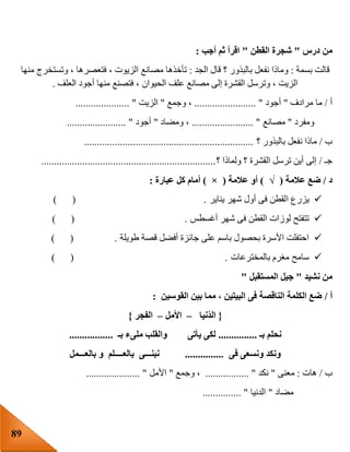 89
‫درس‬ ‫من‬"‫القطن‬ ‫شجرة‬"‫أجب‬ ‫ثم‬ ‫اقرأ‬:
‫بسمة‬ ‫قالت‬:‫الجد‬ ‫قال‬ ‫؟‬ ‫بالبذور‬ ‫نفعل‬ ‫وماذا‬:‫وت‬ ، ‫فتعصرها‬ ، ‫الزيوت‬ ‫مصانع‬ ‫تأخذها‬‫منها‬ ‫ستخرج‬
‫العلف‬ ‫أجود‬ ‫منها‬ ‫فتصنع‬ ، ‫الحيوان‬ ‫علف‬ ‫مصانع‬ ‫إلى‬ ‫القشرة‬ ‫وترسل‬ ، ‫الزيت‬.
‫أ‬/‫مرادف‬ ‫ما‬"‫أجود‬........................ "‫وجمع‬ ،"‫الزيت‬..................... "
‫ومفرد‬"‫مصانع‬........................ "‫ومضاد‬ ،"‫أجود‬....................... "
‫ب‬/‫؟‬ ‫بالبذور‬ ‫نفعل‬ ‫ماذا‬..................................................................
‫جـ‬/‫؟‬ ‫ولماذا‬ ‫؟‬ ‫القشرة‬ ‫ترسل‬ ‫أين‬ ‫إلى‬....................................................................
‫د‬/‫عالمة‬ ‫ضع‬(√)‫عالمة‬ ‫أو‬(×)‫عبارة‬ ‫كل‬ ‫أمام‬:
‫ا‬ ‫يزرع‬‫يناير‬ ‫شهر‬ ‫أول‬ ‫فى‬ ‫لقطن‬) ( .
‫أغسطس‬ ‫شهر‬ ‫فى‬ ‫القطن‬ ‫لوزات‬ ‫تتفتح‬) ( .
‫طويلة‬ ‫قصة‬ ‫أفضل‬ ‫جائزة‬ ‫على‬ ‫باسم‬ ‫بحصول‬ ‫األسرة‬ ‫احتفلت‬) ( .
‫بال‬ ‫مغرم‬ ‫سامح‬‫مخترعات‬) ( .
‫نشيد‬ ‫من‬"‫المستقبل‬ ‫جيل‬"
‫أ‬/‫القوسين‬ ‫بين‬ ‫مما‬ ، ‫البيتين‬ ‫فى‬ ‫الناقصة‬ ‫الكلمة‬ ‫ضع‬:
{‫نيا‬‫الد‬–‫األمل‬–‫الفجر‬}
‫بـ‬ ‫نحلم‬...............‫بـ‬ ‫ملىء‬ ‫والقلب‬ ‫يأتى‬ ‫لكى‬.................
‫فى‬ ‫ونسعى‬ ‫ونكد‬...............‫بالعـــمل‬ ‫و‬ ‫بالعــــلم‬ ‫نبنـــى‬
‫ب‬/‫هات‬:‫معنى‬"‫نكد‬................. "‫وجمع‬ ،"‫األمل‬..................... "
‫مضاد‬"‫الدنيا‬............... "
 