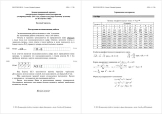 МАТЕМАТИКА, 11 класс. Базовый уровень (2016 - 3 / 20)
© 2016 Федеральная служба по надзору в сфере образования и науки Российской Федерации
Демонстрационный вариант
контрольных измерительных материалов
для проведения в 2016 году единого государственного экзамена
по МАТЕМАТИКЕ
Базовый уровень
Инструкция по выполнению работы
Экзаменационная работа включает в себя 20 заданий.
На выполнение работы отводится 3 часа (180 минут).
Ответы к заданиям записываются по приведённым ниже образцам
в виде числа или последовательности цифр. Сначала запишите ответы к
заданиям сначала в поле ответа в тексте работы, а затем перенесите их в
бланк ответов № 1 справа от номера соответствующего задания.
Ответ: –0,6 .
Если ответом является последовательность цифр, как в приведённом ниже
примере, то запишите эту последовательность в бланк ответов № 1 без
пробелов, запятых и других дополнительных символов.
А Б В Г
Ответ: 4 3 1 2
Все бланки ЕГЭ заполняются яркими чёрными чернилами.
Допускается использование гелевой, или капиллярной, или перьевой ручек.
При выполнении заданий можно пользоваться черновиком. Записи
в черновике не учитываются при оценивании работы.
Баллы, полученные Вами за выполненные задания, суммируются.
Постарайтесь выполнить как можно больше заданий и набрать наибольшее
количество баллов.
Желаем успеха!
КИМ Бланк
КИМ Бланк
МАТЕМАТИКА, 11 класс. Базовый уровень (2016 - 4 / 20)
© 2016 Федеральная служба по надзору в сфере образования и науки Российской Федерации
Справочные материалы
Алгебра
Таблица квадратов целых чисел от 0 до 99
Единицы
Десятки
0 1 2 3 4 5 6 7 8 9
0 0 1 4 9 16 25 36 49 64 81
1 100 121 144 169 196 225 256 289 324 361
2 400 441 484 529 576 625 676 729 784 841
3 900 961 1024 1089 1156 1225 1296 1369 1444 1521
4 1600 1681 1764 1849 1936 2025 2116 2209 2304 2401
5 2500 2601 2704 2809 2916 3025 3136 3249 3364 3481
6 3600 3721 3844 3969 4096 4225 4356 4489 4624 4761
7 4900 5041 5184 5329 5476 5625 5776 5929 6084 6241
8 6400 6561 6724 6889 7056 7225 7396 7569 7744 7921
9 8100 8281 8464 8649 8836 9025 9216 9409 9604 9801
Свойства арифметического квадратного корня
ab a b  при 0a  , 0b 
a a
b b
 при 0a  , 0b 
Корни квадратного уравнения
2
0ax bx c   , 0a 
2 2
1 2
4 4
,
2 2
b b ac b b ac
x x
a a
     
  при
2
4 0b ac 
2
b
x
a
  при
2
4 0b ac 
Формулы сокращенного умножения
 2 2 2
2a b a ab b   
 2 2 2
2a b a ab b   
  2 2
a b a b a b   
 
