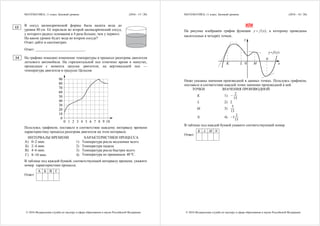 МАТЕМАТИКА, 11 класс. Базовый уровень (2016 - 15 / 20)
© 2016 Федеральная служба по надзору в сфере образования и науки Российской Федерации
В сосуд цилиндрической формы была налита вода до
уровня 80 см. Её перелили во второй цилиндрический сосуд,
у которого радиус основания в 4 раза больше, чем у первого.
На каком уровне будет вода во втором сосуде?
Ответ дайте в сантиметрах.
Ответ: ___________________________.
На графике показано изменение температуры в процессе разогрева двигателя
легкового автомобиля. На горизонтальной оси отмечено время в минутах,
прошедшее с момента запуска двигателя; на вертикальной оси —
температура двигателя в градусах Цельсия.
0 1 2 3 4 5 6 7 8 9 10
0
10
20
30
40
50
60
70
80
90
Пользуясь графиком, поставьте в соответствие каждому интервалу времени
характеристику процесса разогрева двигателя на этом интервале.
ИНТЕРВАЛЫ ВРЕМЕНИ ХАРАКТЕРИСТИКИ ПРОЦЕССА
А) 0–2 мин. 1) Температура росла медленнее всего.
Б) 2–4 мин. 2) Температура падала.
В) 4–6 мин. 3) Температура росла быстрее всего.
Г) 8–10 мин. 4) Температура не превышала 40 C .
В таблице под каждой буквой, соответствующей интервалу времени, укажите
номер характеристики процесса.
А Б В Г
Ответ:
13
14
МАТЕМАТИКА, 11 класс. Базовый уровень (2016 - 16 / 20)
© 2016 Федеральная служба по надзору в сфере образования и науки Российской Федерации
ИЛИ
На рисунке изображён график функции ( )y f x , к которому проведены
касательные в четырёх точках.
K L M
N
x
y
0
y= f (x)
Ниже указаны значения производной в данных точках. Пользуясь графиком,
поставьте в соответствие каждой точке значение производной в ней.
ТОЧКИ ЗНАЧЕНИЯ ПРОИЗВОДНОЙ
K 1)
2
15

L 2) 2
M 3)
5
13
N 4)
2
1
15

В таблице под каждой буквой укажите соответствующий номер.
K L M N
Ответ:
 