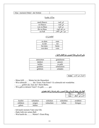 11
Alaa - meinem Onkel - der Schule
‫خاصة‬ ‫حاالت‬
nach Haus/e ‫البيت‬ ‫إلى‬
zu Haus/e ‫البيت‬ ‫في‬
von zu Haus ‫البيت‬ ‫من‬
für zu Haus ‫البيت‬ ‫أجل‬ ‫من‬
zu Fuß ‫األقدام‬ ‫على‬ ‫سيرا‬
‫اختصارات‬
zu dem zum
zu der zur
bei dem beim
von dem vom
: ‫اآلتية‬ ‫األفعال‬ ‫مع‬ ‫المجرور‬ ‫حالة‬ ‫في‬ ‫االسم‬ ‫يأتي‬
antworten gratulieren
danken passen
helfen es geht
gefallen schmecken
gehören schaden
wem ‫االسم‬ ‫عن‬ ‫السؤال‬
- Mona hilft ........ Mutter bei der Hausarbeit.
- Wie schmeckt ........... das Essen, Frau Faten?- Es schmeckt mir wunderbar.
- ............ gehört das Auto da?- Herrn Rabie.
- Wie geht es deinem Vater?- Es geht ......... gut.
‫مفعولين‬ ‫تأخذ‬ ‫أن‬ ‫بشرط‬ ‫ولكن‬ ‫المجرور‬ ‫حالة‬ ‫في‬ ‫االسم‬ ‫بعدها‬ ‫يأتي‬ ‫أفعال‬
Dat. ‫العاقل‬ ‫االسم‬
Akk. ‫العاق‬ ‫غير‬ ‫االسم‬‫ل‬
kaufen schenken schicken schreiben erzählen
erklären zeigen wünschen leihen bringen
geben halten
- Ich kaufe meinem Vater eine Uhr.
- Hady leiht mir seinen Ball.
- Was kaufst du .......... Mutter?- Einen Ring.
 