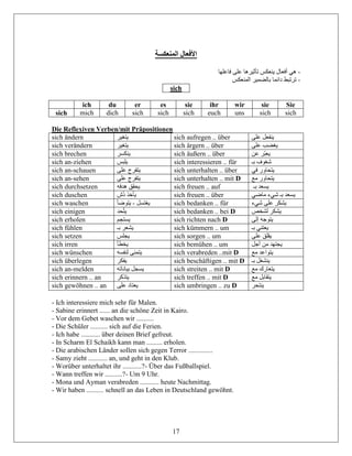 17
‫المنعكسة‬ ‫األفعال‬
-‫فاعلها‬ ‫على‬ ‫تأثيرها‬ ‫ينعكس‬ ‫أفعال‬ ‫هي‬
-‫المنعكس‬ ‫بالضمير‬ ‫دائما‬ ‫ترتبط‬
sich
ich du er es sie ihr wir sie Sie
sich mich dich sich sich sich euch uns sich sich
Die Reflexiven Verben/mit Präpositionen
sich ändern ‫يتغير‬ sich aufregen .. über ‫على‬ ‫ينفعل‬
sich verändern ‫يتغير‬ sich ärgern .. über ‫على‬ ‫يغضب‬
sich brechen ‫ينكسر‬ sich äußern .. über ‫عن‬ ‫ّر‬‫ب‬‫يع‬
sich an-ziehen ‫يلبس‬ sich interessieren .. für ‫بـ‬ ‫شغوف‬
sich an-schauen ‫على‬ ‫يتفرج‬ sich unterhalten .. über ‫في‬ ‫يتحاور‬
sich an-sehen ‫على‬ ‫يتفرج‬ sich unterhalten .. mit D ‫مع‬ ‫يتحاور‬
sich durchsetzen ‫هدفه‬ ‫يحقق‬ sich freuen .. auf ‫بـ‬ ‫يسعد‬
sich duschen ‫ُش‬‫د‬ ‫يأخذ‬ sich freuen .. über ‫ماضي‬ ‫شيء‬ ‫بـ‬ ‫يسعد‬
sich waschen ‫يغتسل‬-‫يتو‬‫ضأ‬ sich bedanken .. für ‫شيء‬ ‫على‬ ‫يشكر‬
sich einigen ‫حد‬ّ‫ت‬‫ي‬ sich bedanken .. bei D ‫لشخص‬ ‫يشكر‬
sich erholen ‫يستجم‬ sich richten nach D ‫إلى‬ ‫يتوجه‬
sich fühlen ‫بـ‬ ‫يشعر‬ sich kümmern .. um ‫بـ‬ ‫يعتني‬
sich setzen ‫يجلس‬ sich sorgen .. um ‫على‬ ‫يقلق‬
sich irren ‫يخطأ‬ sich bemühen .. um ‫أجل‬ ‫من‬ ‫يجتهد‬
sich wünschen ‫لنفسه‬ ‫يتمنى‬ sich verabreden ..mit D ‫مع‬ ‫يتواعد‬
sich überlegen ‫يفكر‬ sich beschäftigen .. mit D ‫بـ‬ ‫ينشغل‬
sich an-melden ‫بياناته‬ ‫يسجل‬ sich streiten .. mit D ‫مع‬ ‫يتعارك‬
sich erinnern .. an ‫يتذكر‬ sich treffen .. mit D ‫مع‬ ‫يتقابل‬
sich gewöhnen .. an ‫على‬ ‫يعتاد‬ sich umbringen .. zu D ‫ينتحر‬
- Ich interessiere mich sehr für Malen.
- Sabine erinnert ...... an die schöne Zeit in Kairo.
- Vor dem Gebet waschen wir ..........
- Die Schüler .......... sich auf die Ferien.
- Ich habe ........... über deinen Brief gefreut.
- In Scharm El Schaikh kann man ......... erholen.
- Die arabischen Länder sollen sich gegen Terror ..............
- Samy zieht ........... an, und geht in den Klub.
- Worüber unterhaltet ihr ...........?- Über das Fußballspiel.
- Wann treffen wir ..........?- Um 9 Uhr.
- Mona und Ayman verabreden ........... heute Nachmittag.
- Wir haben .......... schnell an das Leben in Deutschland gewöhnt.
 