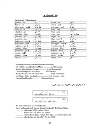 18
‫جر‬ ‫حرف‬ ‫تأخذ‬ ‫أفعال‬
Verben mit Präpositionen
grenzen .. an ‫د‬ُ‫ح‬‫ي‬ achten .. auf ‫يراعي‬
denken .. an ‫في‬ ‫يفكر‬ warten .. auf ‫ينتظر‬
teil-nehmen .. an D ‫في‬ ‫يشترك‬ auf-passen .. auf ‫لـ‬ ‫ينتبه‬
schicken .. an ‫إلى‬ ‫يرسل‬ hören .. auf ‫إلى‬ ‫يستمع‬
schreiben .. an ‫إلى‬ ‫يكتب‬ bitten .. um ‫يطلب‬
schreiben .. über ‫عن‬ ‫يكتب‬ beten .. um ‫من‬ ‫يصلي‬‫أجل‬
sprechen .. mit D ‫مع‬ ‫يتحدث‬ sorgen .. für ‫يرعى‬
sprechen .. über ‫عن‬ ‫يتحدث‬ leben .. von D ‫من‬ ‫يعيش‬
diskutieren .. mit D ‫مع‬ ‫يتناقش‬ träumen .. von D ‫بـ‬ ‫يحلم‬
diskutieren .. über ‫في‬ ‫يتناقش‬ ab-hängen .. von D ‫بـ‬ ‫يتعلق‬
erzählen .. von D ‫عن‬ ‫يحكي‬ erwarten ..von D ‫من‬ ‫يتوقع‬
erzählen .. über ‫عن‬ ‫يحكي‬ berichten .. über ‫عن‬ ‫يكتب‬
gratulieren .. zu D ‫على‬ ‫يهنئ‬ erfahren .. über ‫عن‬ ‫يعرف‬
passen .. zu D ‫مع‬ ‫يتناسب‬ bestehen .. aus D ‫من‬ ‫يتكون‬
gehören .. zu D ‫إلى‬ ‫ينتمي‬ zahlen .. mit D ‫بـ‬ ‫يدفع‬
einladen .. zu D ‫على‬ ‫يعزم‬ helfen .. bei D ‫في‬ ‫يساعد‬
- Fatma spricht mit der Lehrerin über die Prüfung.
- Ich bedanke mich bei Herrn Meyer .............. die Einladung.
- Kamal schreibt einen Aufsatz .............. seine Heimatstadt.
- Deutschland grenzt im Norden ......... die Nordsee.
- Nach der Rückkehr hat Nelly alles .............. ihre Reise erzählt.
- Ein blaues Hemd passt gut ...................... einer braunen Hose.
- Deutschland besteht .............. 16 Bündesländern.
: ‫بـ‬ ‫نسأل‬ ‫جر‬ ‫حرف‬ ‫يأخذ‬ ‫فعل‬ ‫مع‬ ‫عاقل‬ ‫عن‬ ‫السؤال‬ ‫عند‬
‫ح‬‫الجر‬ ‫رف‬
um - über - auf - für - an
+ wen
‫الجر‬ ‫حرف‬
mit - von - bei - nach - zu
+ wem
- An wen denkst du?- An meine Familie.
- Bei wem bedankt sich Sabine für das Geschenk?- Bei Frau Müller.
- .............. sprichst du?- Mit meinen Eltern.
- .............. wartest du?- Ich warte auf Khaled.
- .............. kümmert sich deine Tante?- Um meine kleinen Geschwister.
- .............. schreibst du den Bericht?- An den PAD.
 