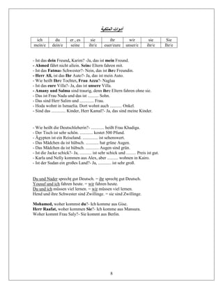 8
‫الملكية‬ ‫أدوات‬
ich du er , es sie ihr wir sie Sie
mein/e dein/e seine ihr/e euer/eure unser/e ihr/e Ihr/e
- Ist das dein Freund, Karim? -Ja, das ist mein Freund.
- Ahmed fährt nicht allein. Seine Eltern fahren mit.
- Ist das Fatmas Schwester?- Nein, das ist ihre Freundin.
- Herr Ali, ist das Ihr Auto?- Ja, das ist mein Auto.
- Wie heißt Ihre Tochter, Frau Azza?- Naglaa
- Ist das eure Villa?- Ja, das ist unsere Villa.
- Amany und Salma sind traurig, denn ihre Eltern fahren ohne sie.
- Das ist Frau Nada und das ist .......... Sohn.
- Das sind Herr Salim und ............. Frau.
- Hoda wohnt in Ismaelia. Dort wohnt auch ........... Onkel.
- Sind das ............. Kinder, Herr Kamal?- Ja, das sind meine Kinder.
- Wie heißt die Deutschleherin?- ............ heißt Frau Khadiga.
- Der Tisch ist sehr schön. ............ kostet 500 Pfund.
- Ägypten ist ein Reiseland. .............. ist sehenswert.
- Das Mädchen da ist hübsch. ............ hat grüne Augen.
- Das Mädchen da ist hübsch. ............ Augen sind grün.
- Ist die Jacke schick?- Ja, ........... ist sehr schick und ......... Preis ist gut.
- Karla und Nelly kommen aus Alex, aber .......... wohnen in Kairo.
- Ist der Sudan ein großes Land?- Ja, ............ ist sehr groß.
Du und Nader sprecht gut Deutsch. = ihr sprecht gut Deutsch.
Yousuf und ich fahren heute. = wir fahren heute.
Du und ich müssen viel lernen. = wir müssen viel lernen.
Hend und ihre Schwester sind Zwillinge. = sie sind Zwillinge.
Mohamed, woher kommst du?- Ich komme aus Gise.
Herr Raafat, woher kommen Sie?- Ich komme aus Mansura.
Woher kommt Frau Saly?- Sie kommt aus Berlin.
 