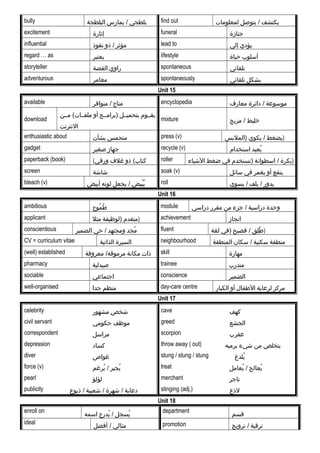 bully ‫بلطجي‬‫يمارس‬ /‫البلطجة‬ find out ‫يكتشف‬‫يتوصل‬ /‫لمعلومات‬
excitement ‫إثارة‬ funeral ‫جنازة‬
influential ‫مؤثر‬‫ذو‬ /‫نفوذ‬ lead to ‫يؤدي‬‫إلي‬
regard … as ‫يعتبر‬ lifestyle ‫أسلوب‬‫حياة‬
storyteller ‫راوي‬‫القصة‬ spontaneous ‫تلقائي‬
adventurous ‫مغامر‬ spontaneously ‫بشكل‬‫تلقائي‬
Unit 15
available ‫متاح‬‫متوافر‬ / encyclopedia ‫موسوعة‬‫دائرة‬ /‫معارف‬
download
‫يقققوم‬‫بتحميققل‬‫)برامققج‬‫أو‬‫مققن‬ (‫ملفققات‬
‫النترنت‬
mixture ‫خليط‬‫مزيج‬ /
enthusiastic about ‫متحمس‬‫بشأن‬ press (v) ‫يضغط‬‫يكوي‬ /‫)الملبس‬ )
gadget ‫جهاز‬‫صغير‬ recycle (v) ‫يعيد‬ُ‫استخدام‬
paperback (book) ( ‫ذو‬ (‫كتاب‬‫غلف‬‫ورقي‬ roller ‫بكرة‬‫اسطوانة‬ /‫)تستخدم‬‫في‬‫ضغط‬‫اليشياء‬ )
screen ‫يشايشة‬ soak (v) ‫ينقع‬‫أو‬‫يغمر‬‫في‬‫سائل‬
bleach (v) ‫بيض‬ُ ‫ي‬ُ‫يجعل‬ /‫لونه‬‫أبيض‬ roll ‫يدور‬‫يلف‬ /‫يسوي‬ /
Unit 16
ambitious ‫موح‬ُ ‫ط‬ً module ‫وحدة‬‫دراسية‬‫جزء‬ /‫من‬‫مقرر‬‫دراسي‬
applicant ‫متقدم‬‫)لوظيفة‬‫مثل‬ ) achievement ‫انجاز‬
conscientious ‫مجد‬ُ‫ومجتهد‬‫حي‬ /‫الضمير‬ fluent ‫ل ق‬ِ‫ ق‬ ‫ط‬ً‫فصيح‬ /‫)في‬‫لغة‬ )
CV = curriculum vitae ‫السيرة‬‫الذاتية‬ neighbourhood ‫منطقة‬‫سكنية‬‫سكان‬ /‫المنطقة‬
(well) established ‫ذات‬‫مكانة‬‫معروفة‬ /‫مرموقة‬ skill ‫مهارة‬
pharmacy ‫صيدلية‬ trainee ‫متدرب‬
sociable ‫اجتماعي‬ conscience ‫الضمير‬
well-organised ‫منظم‬‫جدا‬ day-care centre ‫مركز‬‫لرعاية‬‫الطفال‬‫أو‬‫الكبار‬
Unit 17
celebrity ‫يشخص‬‫مشهور‬ cave ‫كهف‬
civil servant ‫موظف‬‫حكومي‬ greed ‫الجشع‬
correspondent ‫مراسل‬ scorpion ‫عقرب‬
depression ‫كساد‬ throw away ( out) ‫يتخلص‬‫من‬‫يشيء‬‫برميه‬
diver ‫غواص‬ stung / stung / stung ‫يلدغ‬ُ
force (v) ‫يجبر‬ُ‫يرغم‬ُ / treat ‫يعالج‬ُ‫يعامل‬ُ /
pearl ‫لؤلؤ‬ merchant ‫تاجر‬
publicity ‫دعاية‬‫يشهرة‬ /‫يشعبية‬ /‫ذيوع‬ / stinging (adj.) ‫لذع‬
Unit 18
enroll on
‫يسجل‬ُ‫يدرج‬ُ /‫اسمه‬
department
‫قسم‬
ideal
‫مثالي‬‫أفضل‬ / promotion ‫ترقية‬‫ترويج‬ /
 