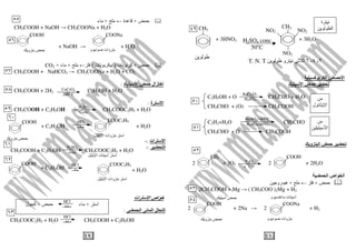 ١١
CH3 COOH
‫آ‬ ‫ا‬ ‫ض‬ ‫ا‬:
‫ا‬
C2H5OH + O CH3CHO + H2O
CH3CHO + (O) CH3COOH
C2H2+H2O CH3CHO
CH3CHO + O CH3COOH
‫و‬ ‫ا‬
2 + 3O2 2 + 2H2O
‫ا‬ ‫اص‬ ‫ا‬
+←+‫ه‬‫رو‬
2CH3COOH + Mg → ( CH3COO )2Mg + H2
K2Cr2O7
H2SO4
HgSO4/ 6OO
C
H2SO4(40%)
V2O5
٥
٤٠٠‫م‬
2 + 2Na → 2 + H2
‫م‬ ‫ت‬ ‫أ‬‫أ‬
COOH COONa
‫م‬ ‫د‬ ‫وات‬‫و‬
‫ة‬
‫ا‬
‫ل‬ ‫ا‬
‫ا‬
+ 3HNO3 + 3H2OH2SO4 conc
50o
C
CH3
CH3
NO2
NO2
NO2
٢،٤،٦‫و‬T. N. T
٤٩
٥٠
٥١
٥٢
٥٣
٥٤
١٢
+‫ة‬←+‫ء‬
CH3COOH + NaOH → CH3COONa + H2O
+ NaOH → + H2O
+‫ت‬ ‫آ‬)‫ت‬(←+‫ء‬+CO2
CH3COOH + NaHCO3 → CH3COONa + H2O + CO2
‫ا‬ ‫ال‬ ‫ا‬:
CH3COOH + 2H2 C2H5OH + H2O
‫ة‬ ‫ا‬:
CH3COOH + C2H5OH CH3COOC2H5 + H2O
‫ات‬ ‫ا‬:-
‫ا‬:-
‫ات‬ ‫ا‬ ‫اص‬
‫ا‬ ‫ا‬ ‫ا‬:
CuCrO4
200o
C
COOC2H5
‫ا‬ ‫وات‬ ‫ا‬
COOH
+ C2H5OH
HCl
‫ف‬ + H2O
‫و‬
H2SO4
Conc
CH3COOH + C2H5OH CH3COOC2H5 + H2O
H2SO4
conc
‫ا‬ ‫ت‬ ‫أ‬ ‫ا‬
COOH
+ C2H5OH
HCl
‫ف‬ + H2O
COOC2H5
‫ا‬ ‫وات‬ ‫ا‬
CH3COOC2H5 + H2O CH3COOH + C2H5OH
‫ا‬+‫ء‬+‫ل‬ ‫آ‬
HCl
HCl
COOH COONa
‫م‬ ‫د‬ ‫وات‬‫و‬
٥٥
٥٦
٥٧
٥٨
٥٩
٦٠
٦١
٦٢
٦٣
 