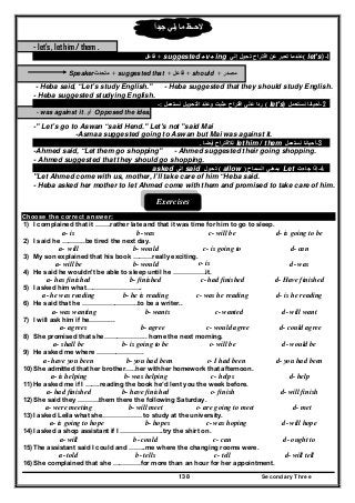Secondary Three138
‫يلي‬ ‫ما‬ ‫الحــظ‬‫جيدا‬ً
- let's , let him / them .
1-let's)(‫إلي‬ ‫تحول‬ ‫اقتراح‬ ‫عن‬ ‫تعبر‬ ‫عندما‬suggested +v+ ing+‫فاعل‬
‫مصدر‬+should+‫فاعل‬+suggested that+‫متحدث‬Speaker
- Heba said, “Let’s study English." - Heba suggested that they should study English.
- Heba suggested studying English.
2-‫نستعمل‬ ‫أحيانا‬let's)(‫نستعمل‬ ‫التحويل‬ ‫وعند‬ ‫مثبت‬ ‫اقتراح‬ ‫علي‬ ‫ردا‬:-
Opposed the idea,‫أو‬- was against it .
-" Let’s go to Aswan “said Hend." Let's not "said Mai
-Asmaa suggested going to Aswan but Mai was against it.
3-‫نستعمل‬ ‫أحيانا‬let him / them‫أيضا‬ ‫لالقتراح‬.
-Ahmed said, “Let them go shopping" - Ahmed suggested their going shopping.
- Ahmed suggested that they should go shopping.
4-‫جاءت‬ ‫إذا‬Let‫السماح‬ ‫بمعني‬)allow(‫تحول‬said‫إلي‬asked
"Let Ahmed come with us, mother, I’ll take care of him “Heba said.
- Heba asked her mother to let Ahmed come with them and promised to take care of him.
Exercises
Choose the correct answer:
1) I complained that it …….rather late and that it was time for him to go to sleep.
a- is b -was c- will be d- is going to be
2) I said he ………..be tired the next day.
a- will b- would c- is going to d- can
3) My son explained that his book ………really exciting.
a- will be b- would c- is d- was
4) He said he wouldn't be able to sleep until he ……………it.
a- has finished b- finished c- had finished d- Have finished
5) I asked him what……………………..
a- he was reading b- he is reading c- was he reading d- is he reading
6) He said that he ……………………..to be a writer..
a- was wanting b- wants c- wanted d- will want
7) l will ask him if he………...
a- agrees b- agree c- would agree d- could agree
8) She promised that she……………….. home the next morning.
a- shall be b- is going to be c- will be d- would be
9) He asked me where ………………….
a- have you been b- you had been c- I had been d- you had been
10) She admitted that her brother…..her withher homework that afternoon.
a- is helping b- was helping c- helps d- help
11) He asked me if I …….reading the book he‘d lent you the week before.
a- had finished b- have finished c- finish d- will finish
12) She said they ……….them there the following Saturday.
a- were meeting b- will meet c- are going to meet d- met
13) I asked Leila what she……………… to study at the university.
a- is going to hope b- hopes c- was hoping d- will hope
14) I asked a shop assistant if I ………………..try the shirt on.
a- will b- could c- can d- ought to
15) The assistant said I could and ……..me where the changing rooms were.
a- told b- tells c- tell d- will tell
16) She complained that she ………….for more than an hour for her appointment.
 