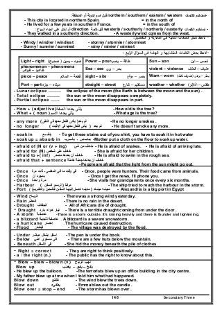 Secondary Three146
-‫اﻟﻛﻠﻣﺎت‬ ‫ﺗﺳﺗﺧدم‬northern / southern / eastern / western‫اﺳ‬ ‫ﻗﺑﻝ‬‫اﻟﻣﻧطﻘﺔ‬ ‫أو‬ ‫اﻟدوﻟﺔ‬ ‫م‬:
- This city is located in northern Spain. = in the north of
- He lived for a few years in southern France. = in the south of
-‫اﻟﻛﻠﻣﺎت‬ ‫ﺗﺳﺗﺧدم‬westerly / southerly / northerly / easterly‫ﻛﻠﻣﺔ‬ ‫ﻗﺑﻝ‬direction‫اﻟرﻳﺎح‬ ‫اﺗﺟﺎﻩ‬ ‫ﻋﻠﻲ‬ ‫ﻟﺗدﻝ‬ ‫أو‬:
- They walked in a southerly direction. - A westerly wind comes from the west.
-‫ﻻﺣظ‬‫اﻟﺗﻔﺿﻳﻝ‬ ‫و‬ ‫اﻟﻣﻘﺎرﻧﺔ‬ ‫ﻓﻲ‬ ‫اﻟﺗﺎﻟﻳﺔ‬ ‫اﻟﺻﻔﺎت‬ ‫ﺷﻛﻝ‬:
- Windy / windier / windiest - stormy / stormier / stormiest
- Sunny / sunnier / sunniest - rainy / rainier / rainiest
-‫اﺑﻊ‬‫ر‬‫اﻟ‬ ‫اﻝ‬‫ؤ‬‫اﻟﺳ‬ ‫ﻓﻰ‬ ‫اﻟﻬﺎﻣﺔ‬ ‫و‬ ‫اﻟﻣﺗﺷﺎﺑﻬﺔ‬ ‫اﻟﻛﻠﻣﺎت‬ ‫ﺑﻌض‬ ‫ﻻﺣظ‬:
Light – right ‫ﺿوء‬–‫ﻳﻣﻳن‬)‫ﺻﺣﻳﺢ‬( Power – pour ‫طﺎﻗﺔ‬–‫ﻳﺻب‬ Sun – son ‫ﺷﻣس‬–‫اﺑن‬
phenomenon – phenomena
‫ة‬‫ظﺎﻫر‬–‫اﻫر‬‫و‬‫ظ‬ Sea – see ‫ﺑﺣر‬–‫ى‬‫ﻳر‬ violent – violence ‫ﻋﻧﻳف‬–‫اﻟﻌﻧف‬
piece – peace ‫ﻗطﻌﺔ‬–‫اﻟﺳﻼم‬ sight – site ‫ﺑﺻر‬–‫م‬‫و‬‫قع‬ Warn – worn ‫ﻳﺣذر‬–‫ﻳرﺗدى‬)‫ﺗﺻرﻳف‬‫ﺛﺎﻟث‬(
Port – part ‫ﻣﻳﻧﺎء‬–‫ء‬‫ﺟز‬ straight – street ‫ﻣﺳﺗﻘﻳم‬–‫ﺷﺎرع‬ weather – whether ‫طﻘس‬–‫اذا‬)‫ﻟو‬(
- Lunar eclipse ……… the eclipse of the moon (the Earth is between the moon and the sun) .
- Total eclipse ……… the sun or the moon disappears completely.
- Partial eclipse ……. the sun or the moon disappears in part.
- How + (adjective)‫اﻟﺻﻔـﺔ‬ ‫ﺑﻌدﻫﺎ‬ ‫ﻳﺄﺗﻰ‬ - How old is the tree?
- What + ( noun ) ‫ﻳﺄﺗﻰ‬‫ﺑﻌدﻫﺎ‬‫اﻻﺳم‬ - What age is the tree?
- any more ‫يعد‬ ‫لم‬)‫النفى‬ ‫فى‬ ‫معھا‬ ‫الفعل‬ ‫يأتى‬( - He no longer smokes .
- no longer ‫اإلثبات‬ ‫فى‬ ‫معھا‬ ‫الفعل‬ ‫يأتى‬( ) ‫يعد‬ ‫لم‬ - He doesn't smoke any more.
- soak in ‫ينقــــع‬ - To get these stains out of you shirt, you have to soak it in hot water
- soak up = absorb in ‫يشـــرب‬ ‫ـ‬ ‫يمتـــص‬ -Mother put a cloth on the floor to soak up water.
- afraid of (N or (v + ing) ‫خائف‬‫من‬‫ش‬‫ئ‬ - He is afraid of snakes. - He is afraid of arriving late.
- afraid for (N) ‫شخص‬ ‫على‬ ‫خائف‬ - She is afraid for her children.
- afraid to +( inf) ‫خائف‬‫أن‬‫مصدر‬ ‫بعدھا‬ - He is afraid to swim in the rough sea.
- afraid that + sentence ‫خائف‬‫أن‬‫بعدھا‬‫جملة‬‫كاملة‬
- People are afraid that the light from the sun might go out.
- Once ‫الماضي‬ ‫في‬ ‫ما‬ ‫وقت‬ ‫في‬‫ـ‬‫ذات‬‫مرة‬ - Once, people were hunters. Their food came from animals.
- Once ‫بمجرد‬‫أ‬‫ن‬ - Once I get the news, I'll phone you.
- Once ‫مرة‬‫واحدة‬ - She visits her grandparents once every six months.
- Harbour ( ‫مرفـأ‬)‫السفن‬ ‫لرسـو‬ - The ship tried to reach the harbour in the storm.
- Port ‫مينـاء‬ ‫مدينـه‬)‫والتفـريـغ‬ ‫للشحـن‬ ‫السفـن‬ ‫إليھـا‬ ‫تصـل‬ ‫مدينـه‬( - Alexandria is a big port in Egypt.
- Wind ‫الريـاح‬ - There was a strong wind yesterday.
- Rain ‫المطـر‬ - There is no rain in the desert.
- Drought ‫الجفاف‬ - All of Africans die of drought.
- Draught ‫تيار‬‫ھواء‬‫بارد‬ - There is a terrible draught coming from under the door .
- A storm ‫عاصفـ‬‫ة‬ -There is a storm outside. It's raining heavily and there is thunder and lightening.
- a blizzard ‫عاصفـة‬‫ثلجيـة‬ - A blizzard is a severe snowstorm.
- a hurricane ‫إعصار‬ - The hurricane caused destruction.
- Flood ‫فيضا‬‫ن‬ - The village was destroyed by the flood.
- Under ‫اسفل‬‫بشكل‬‫مباشر‬ - The pen is under the book.
- Below ‫في‬‫مستوي‬‫ادني‬ - There are a few huts below the mountain.
- Beneath ‫في‬‫االسفل‬ - She hid the money beneath the pile of clothes
- Right = correct - They are right to think positively.
- a / the right (n.) - The public has the right to know about this.
- Blow – blew – blown (v.) ‫تھب‬‫الرياح‬
Blow up ‫ينفخ‬–‫يفجر‬–‫يغضب‬
- He blew up the balloon. -The terrorists blew up an office building in the city centre.
- My father blew up at me when I told him what had happened.
Blow down ‫تقتلع‬ - The wind blew the trees down.
Blow out ‫يطفيء‬ - Emma blew out the candle .
Blow over = stop – end - The storm has blown over .
 