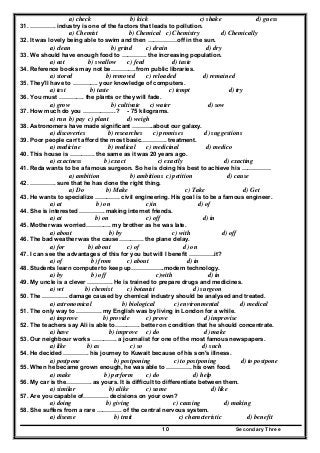 Secondary Three10
a) check b) kick c) shake d) guess
31. …………. industry is one of the factors that leads to pollution.
a) Chemist b) Chemical c) Chemistry d) Chemically
32. It was lovely being able to swim and then ……………off in the sun.
a) clean b) grind c) drain d) dry
33. We should have enough food to …………. the increasing population.
a) eat b) swallow c) feed d) taste
34. Reference books may not be………….from public libraries.
a) stored b) removed c) reloaded d) remained
35. They'll have to …………. your knowledge of computers.
a) test b) taste c) tempt d) try
36. You must …………. the plants or they will fade.
a) grow b) cultivate c) water d) sow
37. How much do you ……………..? - 75 kilograms.
a) run b) pay c) plant d) weigh
38. Astronomers have made significant ………..about our galaxy.
a) discoveries b) researches c) promises d) suggestions
39. Poor people can’t afford the most basic…………. treatment.
a) medicine b) medical c) medicinal d) medico
40. This house is …………. the same as it was 20 years ago.
a) exactness b) exact c) exactly d) exacting
41. Reda wants to be a famous surgeon. So he is doing his best to achieve his ……………
a) ambition b) ambitious c) petition d) cause
42. …………. sure that he has done the right thing.
a) Do b) Make c) Take d) Get
43. He wants to specialize …………. civil engineering. His goal is to be a famous engineer.
a) at b) on c)in d) of
44. She is interested …………. making internet friends.
a) at b) on c) off d) in
45. Mother was worried…………. my brother as he was late.
a) about b) by c) with d) off
46. The bad weather was the cause…………. the plane delay.
a) for b) about c) of d) on
47. I can see the advantages of this for you but will I benefit ………….it?
a) of b) from c) about d) in
48. Students learn computer to keep up……………..modem technology.
a) by b) off c)with d) in
49. My uncle is a clever …………. He is trained to prepare drugs and medicines.
a) vet b) chemist c) botanist d) surgeon
50. The …………. damage caused by chemical industry should be analysed and treated.
a) astronomical b) biological c) environmental d) medical
51. The only way to …………. my English was by living in London for a while.
a) improve b) provide c) prove d) improvise
52. The teachers say Ali is able to…………. better on condition that he should concentrate.
a) have b) improve c) do d) make
53. Our neighbour works …………. a journalist for one of the most famous newspapers.
a) like b) as c) so d) such
54. He decided …………. his journey to Kuwait because of his son's illness.
a) postpone b) postponing c) to postponing d) to postpone
55. When he became grown enough, he was able to …………. his own food.
a) make b) perform c) do d) help
56. My car is the…………. as yours. It is difficult to differentiate between them.
a) similar b) alike c) same d) like
57. Are you capable of…………. decisions on your own?
a) doing b) giving c) causing d) making
58. She suffers from a rare …………. of the central nervous system.
a) disease b) trait c) characteristic d) benefit
 