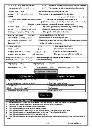 Secondary Three22
- a number of + ‫وفعـل‬ ‫جمـع‬ ‫اسـم‬‫جمـع‬ ‫من‬ ‫عدد‬ - A number of members are against the new law.
- the number of + ‫مفـرد‬ ‫وفعـل‬ ‫جمـع‬ ‫اسـم‬ ‫ع‬‫دد‬‫من‬ - The number of blood donors is not enough.
- Oppose ‫يقاوم‬ ‫ـ‬ ‫يعارض‬ - We would oppose changing the law.
- protest ‫يعترض‬ ‫ـ‬ ‫يحتج‬)‫رسميا‬( - They intend to protest against the decision.
- award ‫ـ‬ ‫منحـة‬ ‫ــ‬ ‫يمنـح‬‫جائـزة‬ ‫ـ‬)‫بإجادة‬ ‫شـئ‬ ‫عمـل‬ ‫مقابـل‬(
- She was awarded her PHD in 1985. He won the academy award this year.
- reward ‫مكـافـأة‬ ‫ــ‬ ‫يكافـئ‬)‫جيـد‬ ‫عمـل‬ ‫أو‬ ‫حسـن‬ ‫سلـوك‬ ‫مقابـل‬(‫للمجتمع‬ ‫خدمـة‬ ‫تقديـم‬ ‫أو‬
- He used to give us pens as a reward when we were good.
- present = gift ‫مقابل‬ ‫بدون‬ ‫ھدية‬ - My uncle gave me a present on my birthday Party.
- a ward ‫مستشفى‬ ‫فى‬ ‫عنبر‬ ‫ـ‬ ‫جناح‬ - Take this patient to a ward No. Four.
- prize ‫جائزة‬‫في‬ ‫نجح‬ ‫لشخص‬ ‫تمنح‬‫شيء‬ ‫عمل‬ - She got the first prize in the race.
- manage to +‫المصـدر‬ ‫يتمكـن‬‫م‬‫ـ‬‫ن‬ - He managed to answer the test.
- succeed in + (v + ing ) ‫ينجـح‬‫فـى‬ - He succeeded in answering the test.
- successful = a success ‫ناجح‬ - His business was successful. - His business was a success.
- Success ‫ال‬‫نجـ‬‫ا‬‫ح‬ - Hard work leads to success.
- marry ‫بدون‬‫مفعول‬ ‫يتزوج‬ - She married last year.
- marry + ‫مفعول‬ ‫يتزوج‬ - She married her cousin.
- be (get) married to + ‫مفع‬‫ـ‬‫ول‬ ‫متزوج‬ ‫ـ‬ ‫يتزوج‬‫من‬ - She is married to her cousin.
- be (get) married with ‫متزوج‬‫ومعه‬‫أطفال‬ - She got married with two children.
Bring up = raise (v.) ‫يربي‬‫انسان‬ - He was brought up raised by his mother.
-breed (v.) bred ‫يربي‬‫ماشية‬–‫يتكاثر‬ - Cattle breed quickly.
- Employ (v.) ‫يوظف‬ - employer (n.) ‫عمل‬ ‫صاحب‬
-Employment (n.) ‫عمل‬ - employee (n.) ‫موظف‬ - Unemployment (n.) ‫بطالة‬
Language Functions
Offering Help  Replies to Offers 
- If you like, I could + inf. …… for you. - Thanks very much
- Is there anything I can do to help? - That's very kind of you.
- Let me + inf. ………………………… - I'd really appreciate that. Thanks.
-Shall I + inf. …… for you? - That's great.
- Would you like me to+ inf. ……? - Would you mind?
Exercises 
Respond the following situations:
1. An old lady can't cross the road alone. You are willing to help her. What do you say?
2. You ask your dad if he would mind helping you do your homework.
3. You offer to help an old man cross the street.
4. Your friend asks you to lend him some money.
5. Your friend doesn't want to go to the station alone. You offer to go with him.
6. Your friend needs to carry some things to the car. You offer to help him.
7. Your friend offered to help you mend your bike.
8. Your friend offers to phone your parents and tell them you are going to be late. You appreciate
that.
 