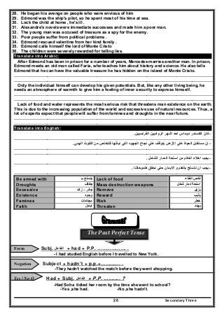Secondary Three26
28. He began his avenge on people who were envious of him
29. Edmond was the ship's pilot, so he spent most of his time at sea.
30. Lock the child at home , he's ill .
31. Alexandre's novels were immediate successes and made him a poor man.
32. The young man was accused of treasure as a spy for the enemy.
33. Poor people suffer from political problems .
34. Edmond rescued valentine from her kind family .
35. Edmond calls himself the lord of Monte Cristo
36. The children were severely rewarded for telling lies.
Translate into Arabic:
After Edmond has been in prison for a number of years, Mercedes marries another man. In prison,
Edmond meets an old man called Faria, who teaches him about history and science. He also tells
Edmond that he can have the valuable treasure he has hidden on the island of Monte Cristo.
……………………………………………………………………………………………………….………………………
………………………………………………………………………………………………………………………………
Only the individual himself can develop his given potentials. But, like any other living being, he
needs an atmosphere of warmth to give him a feeling of inner security to express himself.
……………………………………………………………………………………………………….………………………
………………………………………………………………………………………………………………………………
Lack of food and water represents the most serious risk that threatens man existence on the earth.
This is due to the increasing population of the world and excessive use of natural resources. Thus, a
lot of experts expect that people will suffer from famines and droughts in the near future.
……………………………………………………………………………………………………….………………………
………………………………………………………………………………………………………………………………
Translate into English:
-‫الفرنسيين‬ ‫الروائيين‬ ‫اشھر‬ ‫احد‬ ‫دوماس‬ ‫الكسندر‬ ‫كان‬.
……………………………………………………………………………………………………….………………………
-‫البيئي‬ ‫التلوث‬ ‫من‬ ‫للتخلص‬ ‫نبذلھا‬ ‫التي‬ ‫الجھود‬ ‫نجاح‬ ‫علي‬ ‫يتوقف‬ ‫األرض‬ ‫علي‬ ‫الحياة‬ ‫مستقبل‬ ‫إن‬.
……………………………………………………………………………………………………….………………………
………………………………………………………………………………………………………………………………
-‫الشامل‬ ‫الدمار‬ ‫اسلحة‬ ‫من‬ ‫العالم‬ ‫اخالء‬ ‫يجب‬.
……………………………………………………………………………………………………….………………………
-‫طموحاتنا‬ ‫نحقق‬ ‫حتي‬ ‫االيمان‬ ‫و‬ ‫بالعلم‬ ‫نتسلح‬ ‫ان‬ ‫يجب‬.
……………………………………………………………………………………………………….………………………
Be armed with ‫بـ‬ ‫يتسلح‬ Lack of food ‫الغذاء‬ ‫نقص‬
Droughts ‫جفاف‬ Mass destruction weapons ‫شامل‬ ‫دمار‬ ‫اسلحة‬
Excessive ‫جائر‬–‫زائد‬ Remove ‫يزيل‬
Existence ‫وجود‬ Reward ‫يثيب‬
Famines ‫مجاعات‬ Risk ‫خطر‬
Faith ‫ايمان‬ Threaten ‫يھدد‬
The Past Perfect Tense 
Form Subj. ‫الفاعل‬ + had + P.P. ………………. .
- I had studied English before I travelled to New York.
Negation Subject + hadn't + p.p.+…………. .
-They hadn’t watched the match before they went shopping.
Yes / No Q. Had + Subj. ‫الفاعل‬ + P.P. ……….. ?
-Had Soha tidied her room by the time she went to school?
-Yes ,she had. -No ,she hadn't.
 